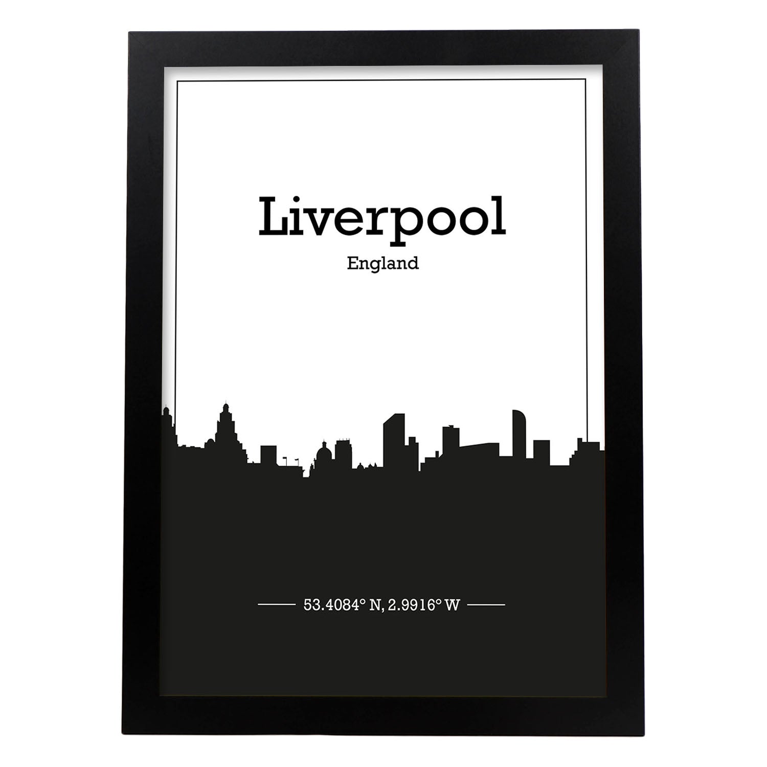 Poster con mapa de Liverpool - Inglaterra. Láminas con Skyline de ciudades de Inglaterra e Irlanda con sombra negra.-Artwork-Nacnic-A3-Marco Negro-Nacnic Estudio SL