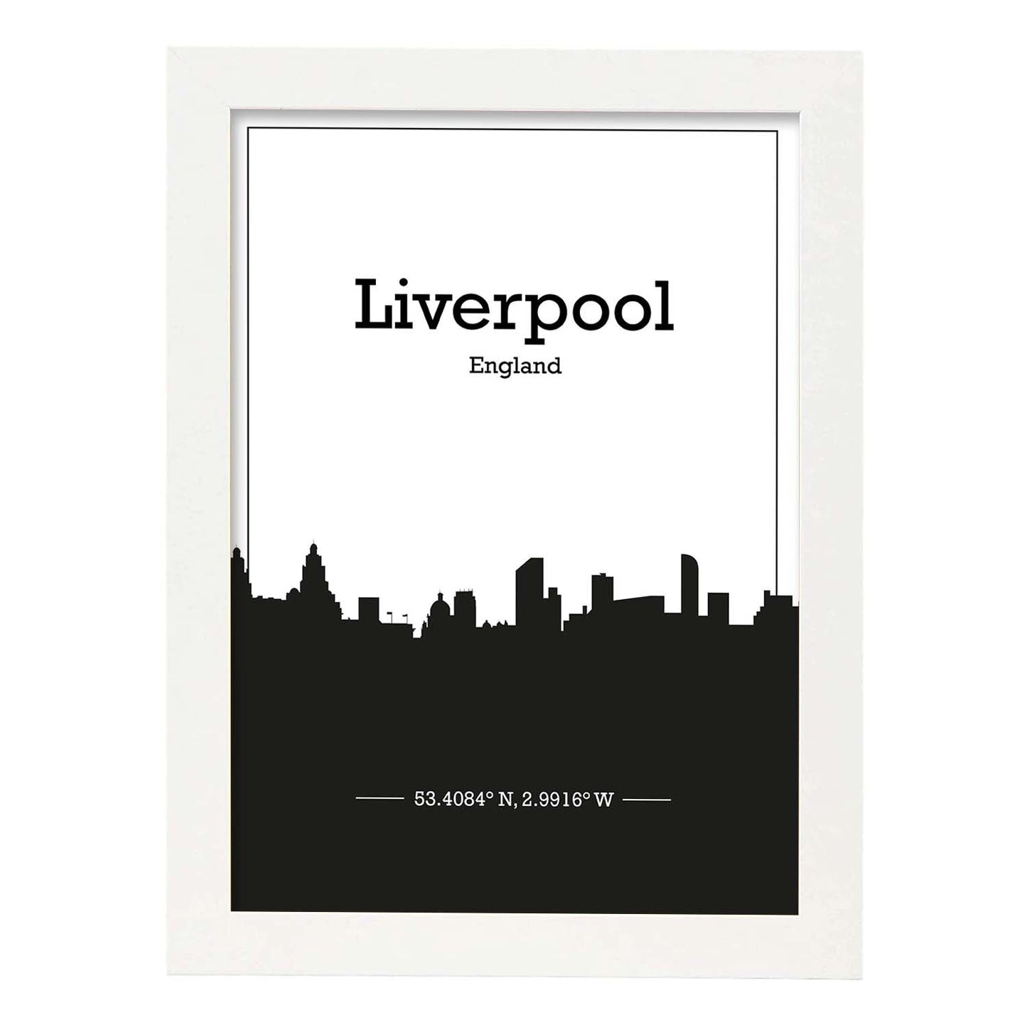 Poster con mapa de Liverpool - Inglaterra. Láminas con Skyline de ciudades de Inglaterra e Irlanda con sombra negra.-Artwork-Nacnic-A4-Marco Blanco-Nacnic Estudio SL