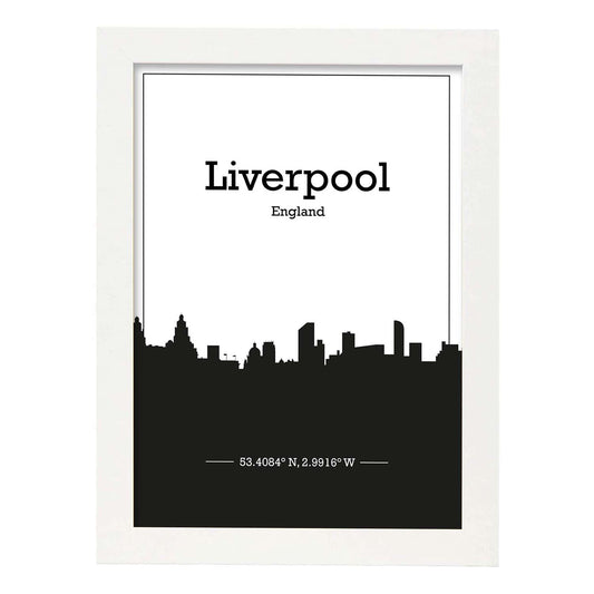 Poster con mapa de Liverpool - Inglaterra. Láminas con Skyline de ciudades de Inglaterra e Irlanda con sombra negra.-Artwork-Nacnic-A4-Marco Blanco-Nacnic Estudio SL