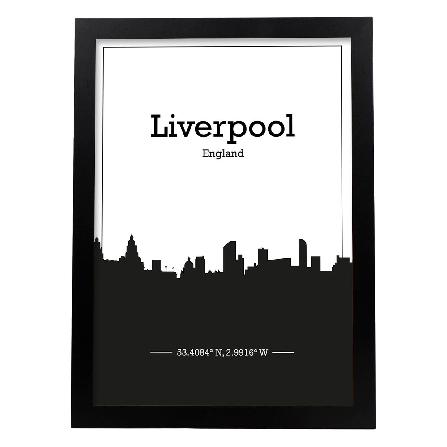 Poster con mapa de Liverpool - Inglaterra. Láminas con Skyline de ciudades de Inglaterra e Irlanda con sombra negra.-Artwork-Nacnic-A4-Marco Negro-Nacnic Estudio SL