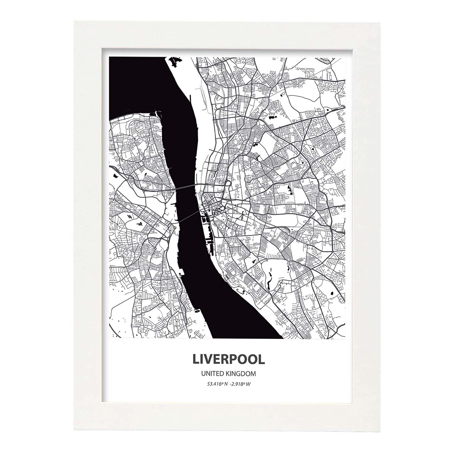 Poster con mapa de Liverpool - USA. Láminas de ciudades de Estados Unidos con mares y ríos en color negro.-Artwork-Nacnic-A3-Marco Blanco-Nacnic Estudio SL