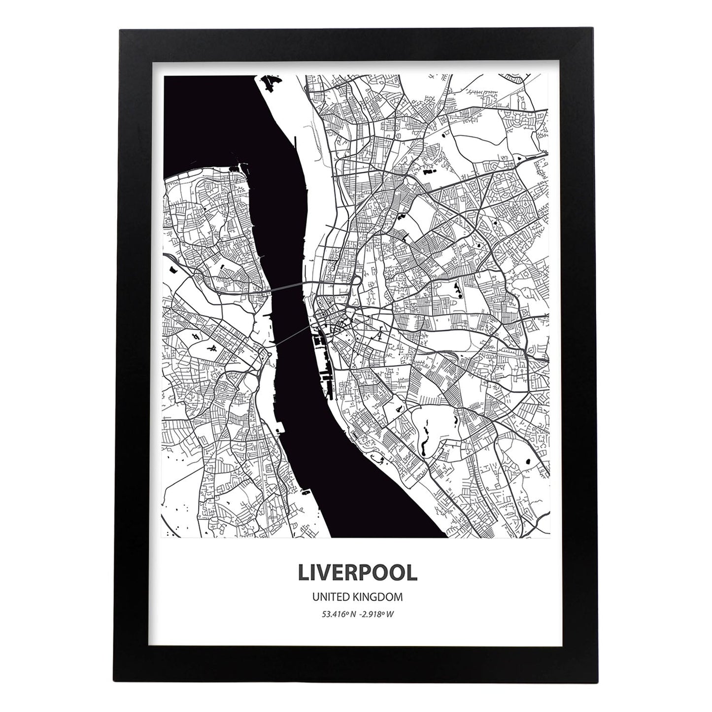 Poster con mapa de Liverpool - USA. Láminas de ciudades de Estados Unidos con mares y ríos en color negro.-Artwork-Nacnic-A3-Marco Negro-Nacnic Estudio SL