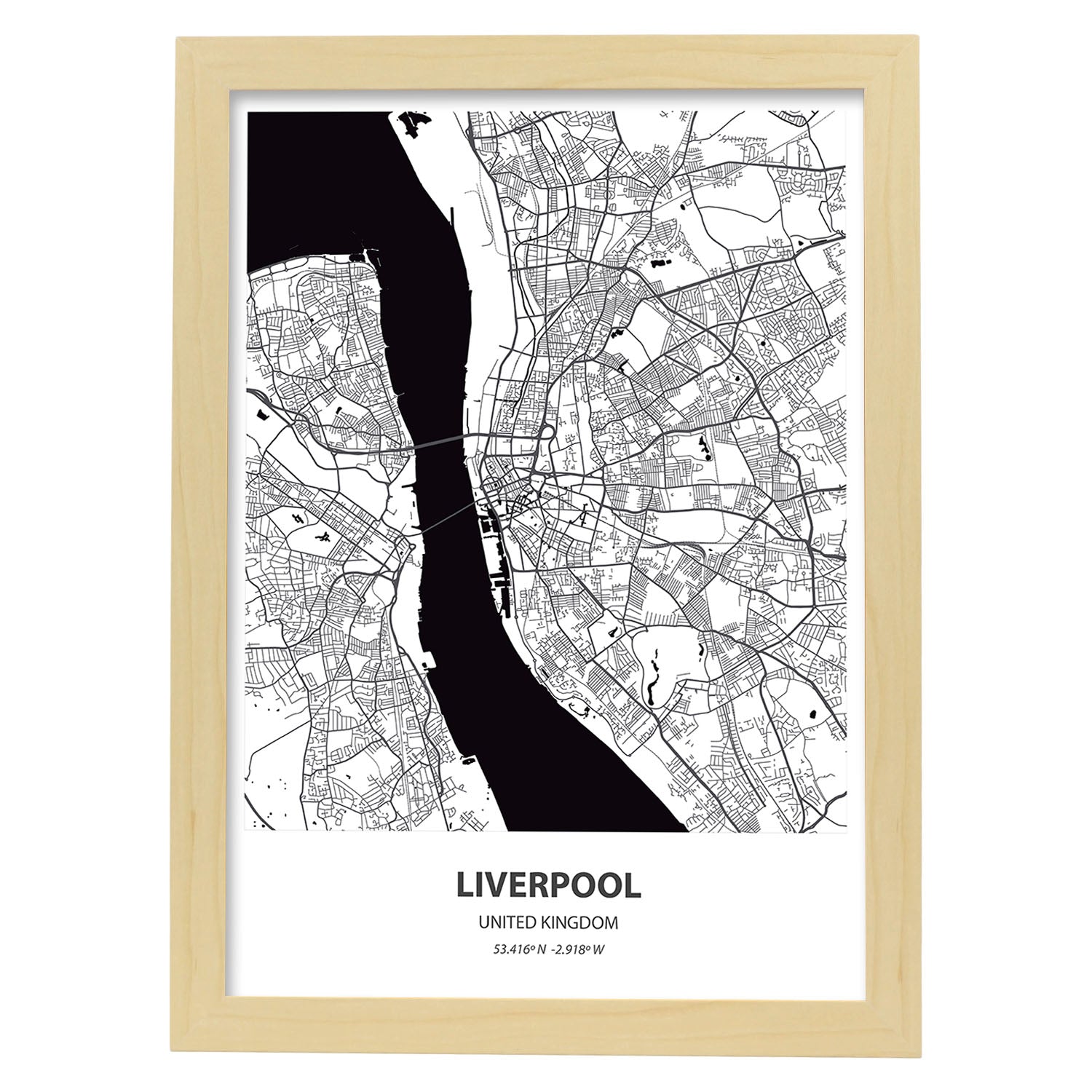 Poster con mapa de Liverpool - USA. Láminas de ciudades de Estados Unidos con mares y ríos en color negro.-Artwork-Nacnic-A4-Marco Madera clara-Nacnic Estudio SL