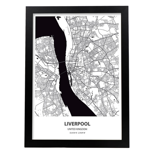 Poster con mapa de Liverpool - USA. Láminas de ciudades de Estados Unidos con mares y ríos en color negro.-Artwork-Nacnic-A4-Marco Negro-Nacnic Estudio SL