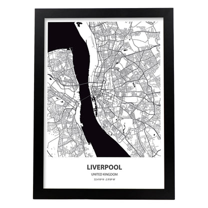 Poster con mapa de Liverpool - USA. Láminas de ciudades de Estados Unidos con mares y ríos en color negro.-Artwork-Nacnic-A4-Marco Negro-Nacnic Estudio SL