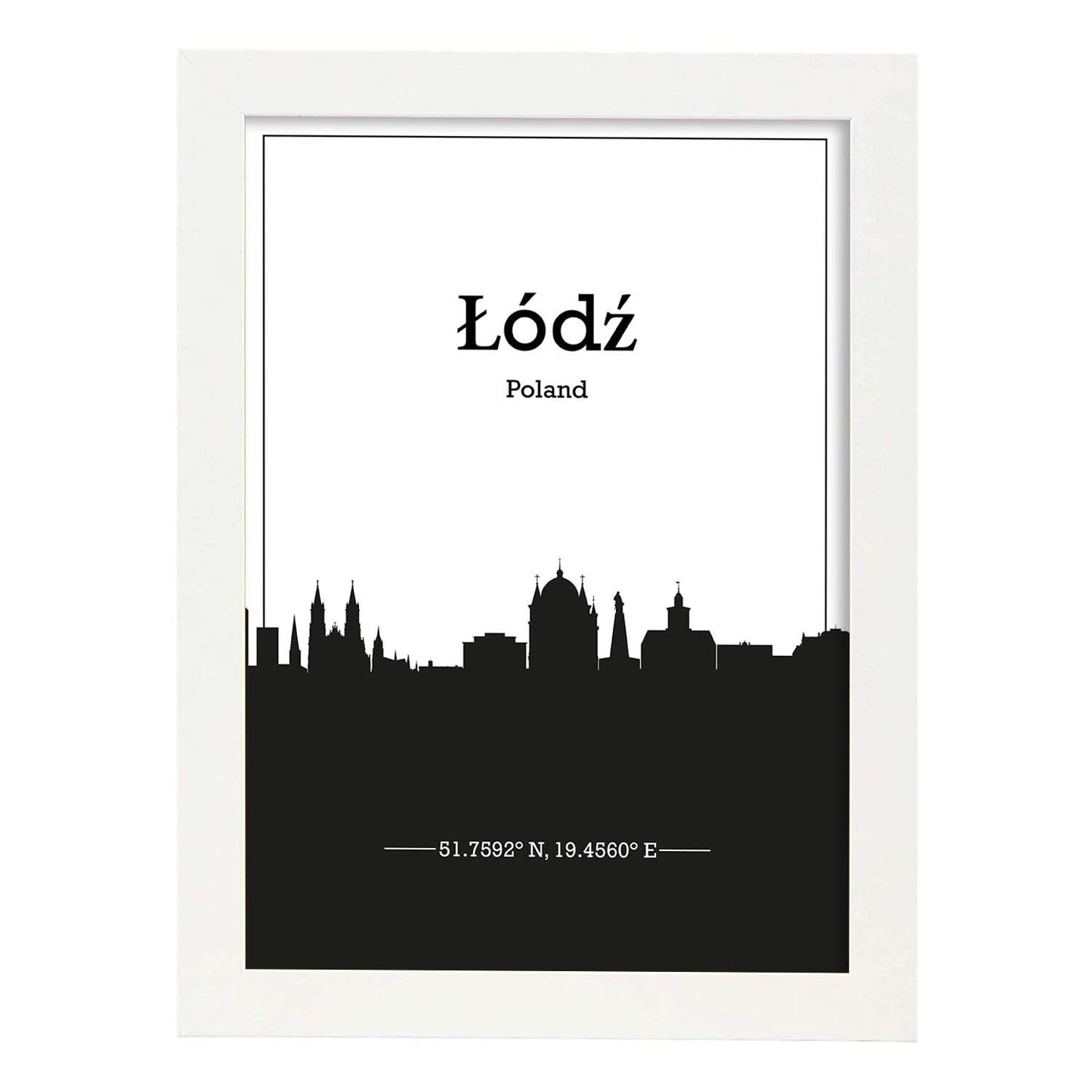 Poster con mapa de Lodz - Polonia. Láminas con Skyline de ciudades de Europa con sombra negra.-Artwork-Nacnic-A3-Marco Blanco-Nacnic Estudio SL