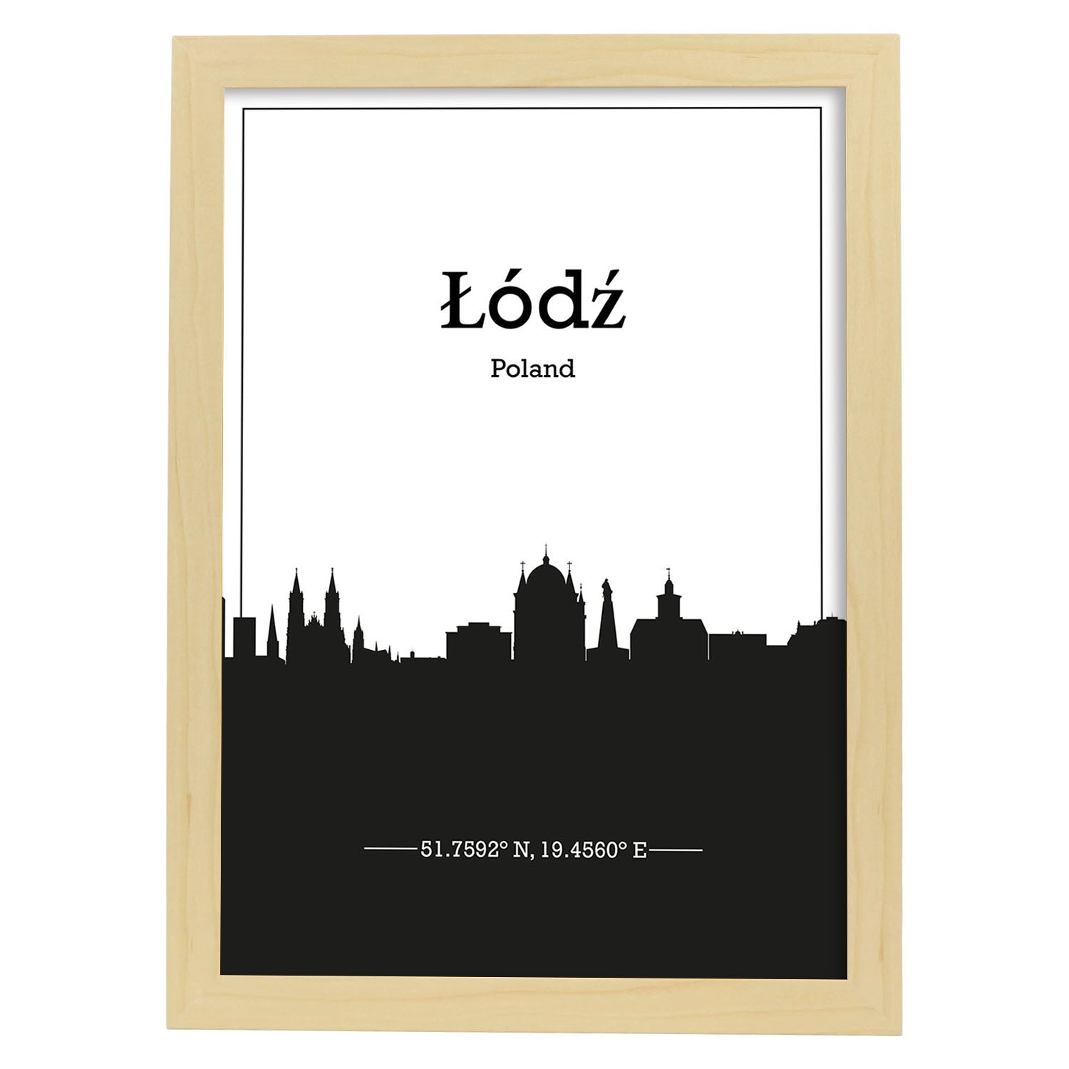 Poster con mapa de Lodz - Polonia. Láminas con Skyline de ciudades de Europa con sombra negra.-Artwork-Nacnic-A3-Marco Madera clara-Nacnic Estudio SL