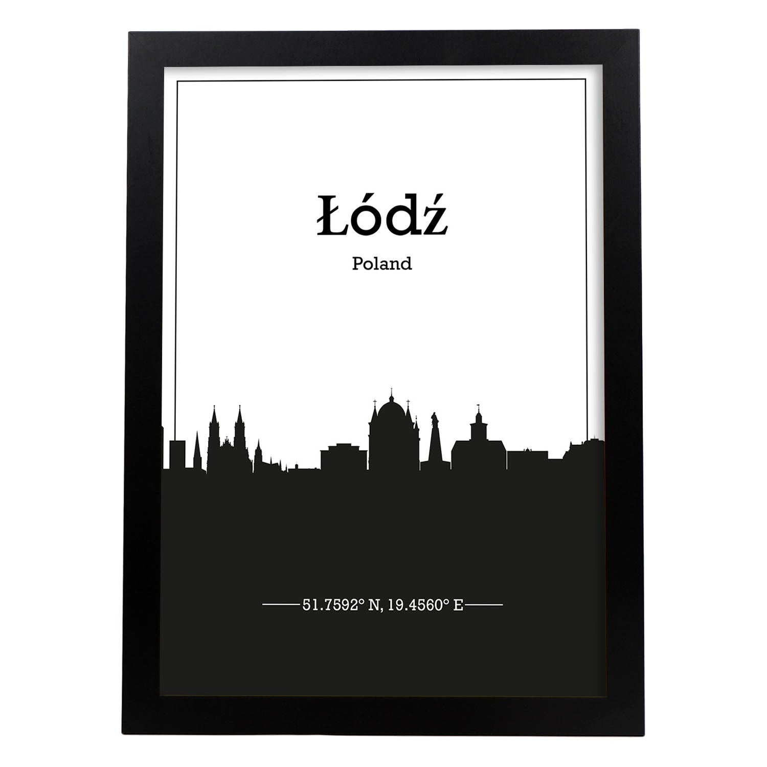 Poster con mapa de Lodz - Polonia. Láminas con Skyline de ciudades de Europa con sombra negra.-Artwork-Nacnic-A3-Marco Negro-Nacnic Estudio SL