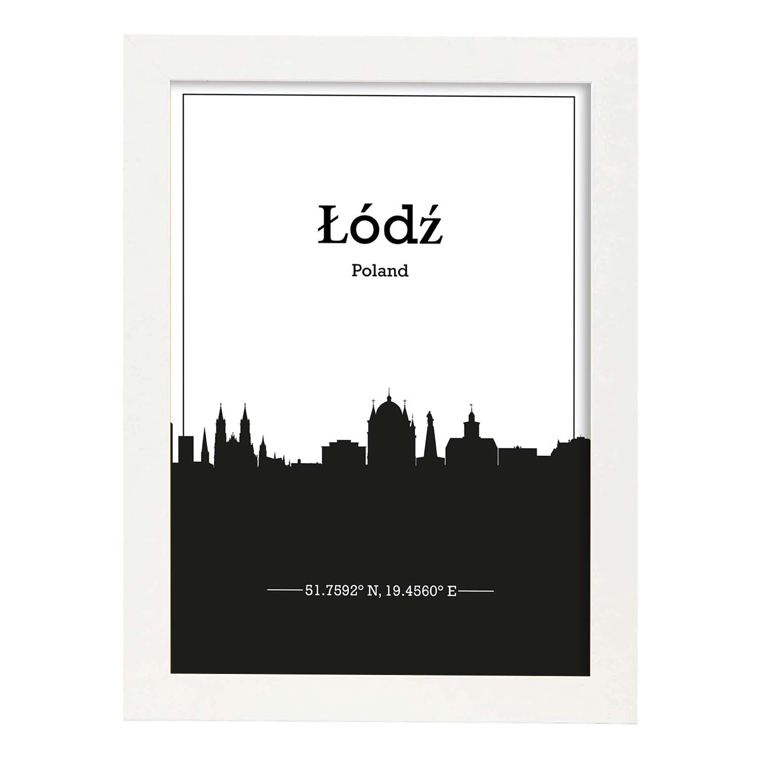 Poster con mapa de Lodz - Polonia. Láminas con Skyline de ciudades de Europa con sombra negra.-Artwork-Nacnic-A4-Marco Blanco-Nacnic Estudio SL
