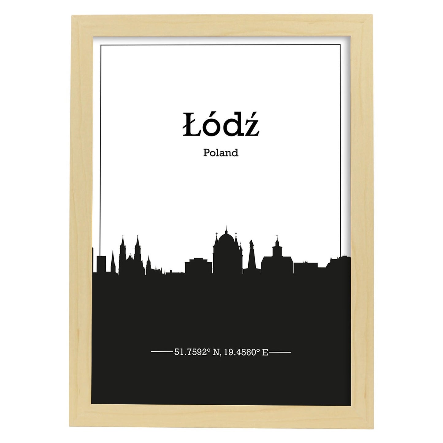 Poster con mapa de Lodz - Polonia. Láminas con Skyline de ciudades de Europa con sombra negra.-Artwork-Nacnic-A4-Marco Madera clara-Nacnic Estudio SL