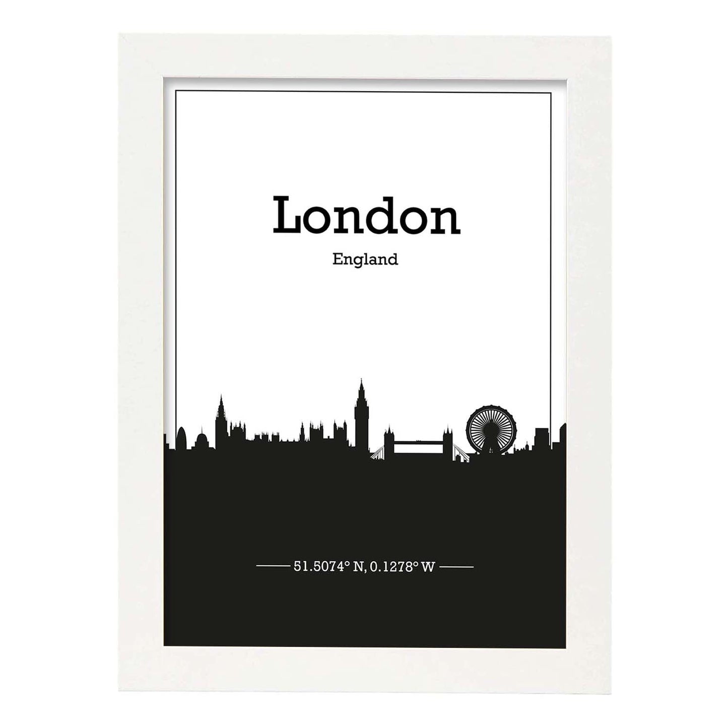 Poster con mapa de London - Inglaterra. Láminas con Skyline de ciudades de Inglaterra e Irlanda con sombra negra.-Artwork-Nacnic-A3-Marco Blanco-Nacnic Estudio SL