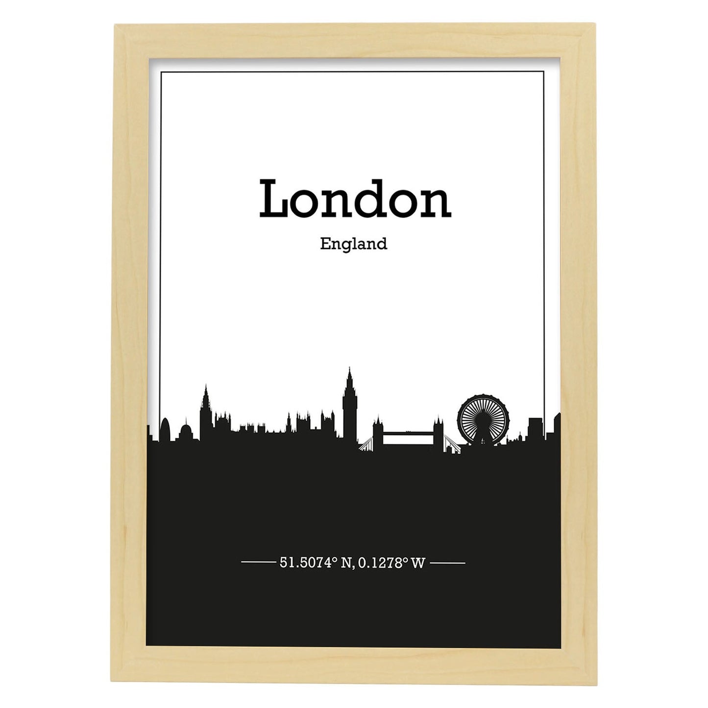 Poster con mapa de London - Inglaterra. Láminas con Skyline de ciudades de Inglaterra e Irlanda con sombra negra.-Artwork-Nacnic-A3-Marco Madera clara-Nacnic Estudio SL