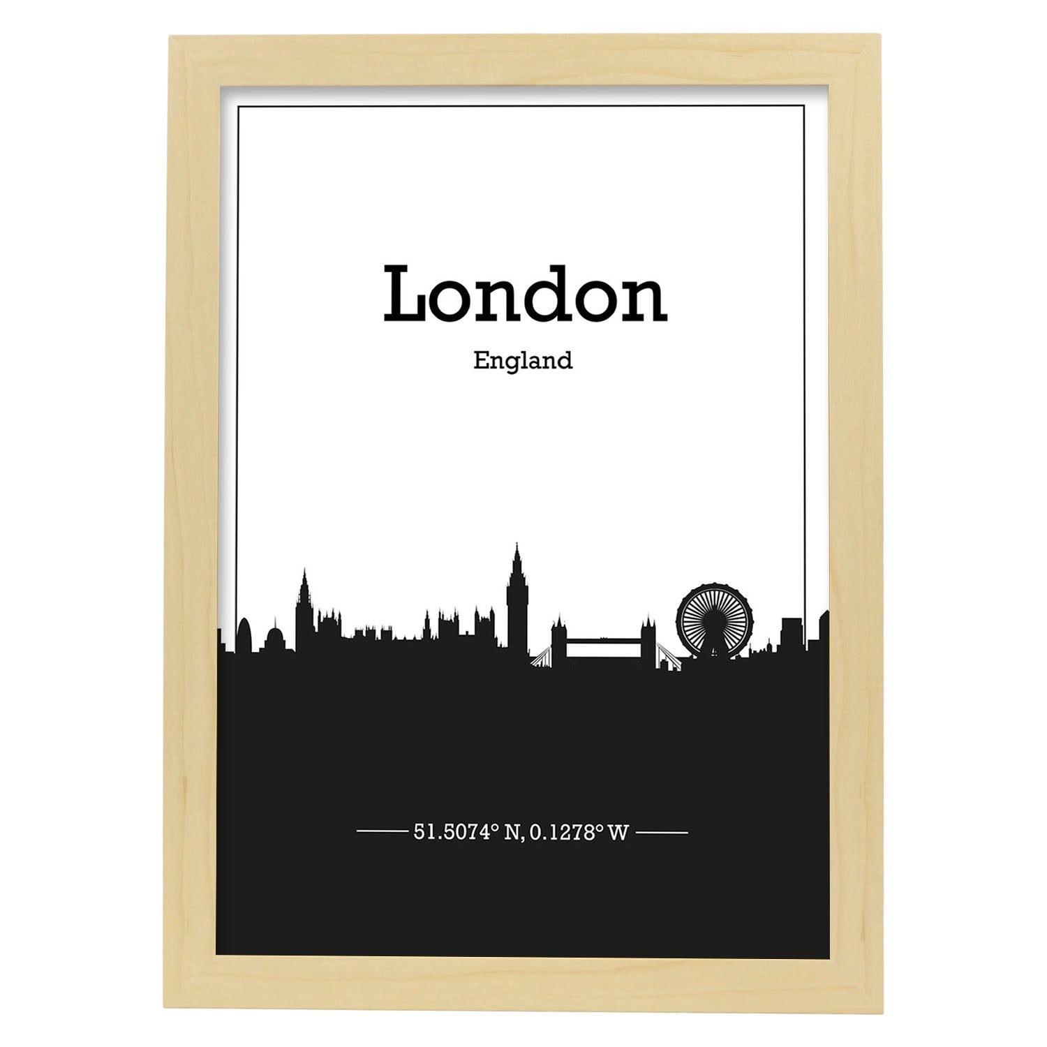 Poster con mapa de London - Inglaterra. Láminas con Skyline de ciudades de Inglaterra e Irlanda con sombra negra.-Artwork-Nacnic-A3-Marco Madera clara-Nacnic Estudio SL