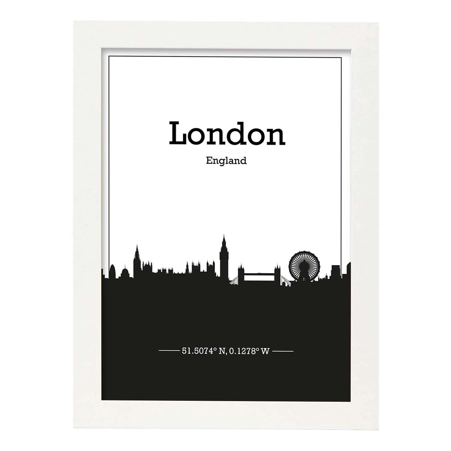 Poster con mapa de London - Inglaterra. Láminas con Skyline de ciudades de Inglaterra e Irlanda con sombra negra.-Artwork-Nacnic-A4-Marco Blanco-Nacnic Estudio SL