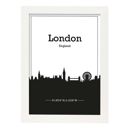 Poster con mapa de London - Inglaterra. Láminas con Skyline de ciudades de Inglaterra e Irlanda con sombra negra.-Artwork-Nacnic-A4-Marco Blanco-Nacnic Estudio SL