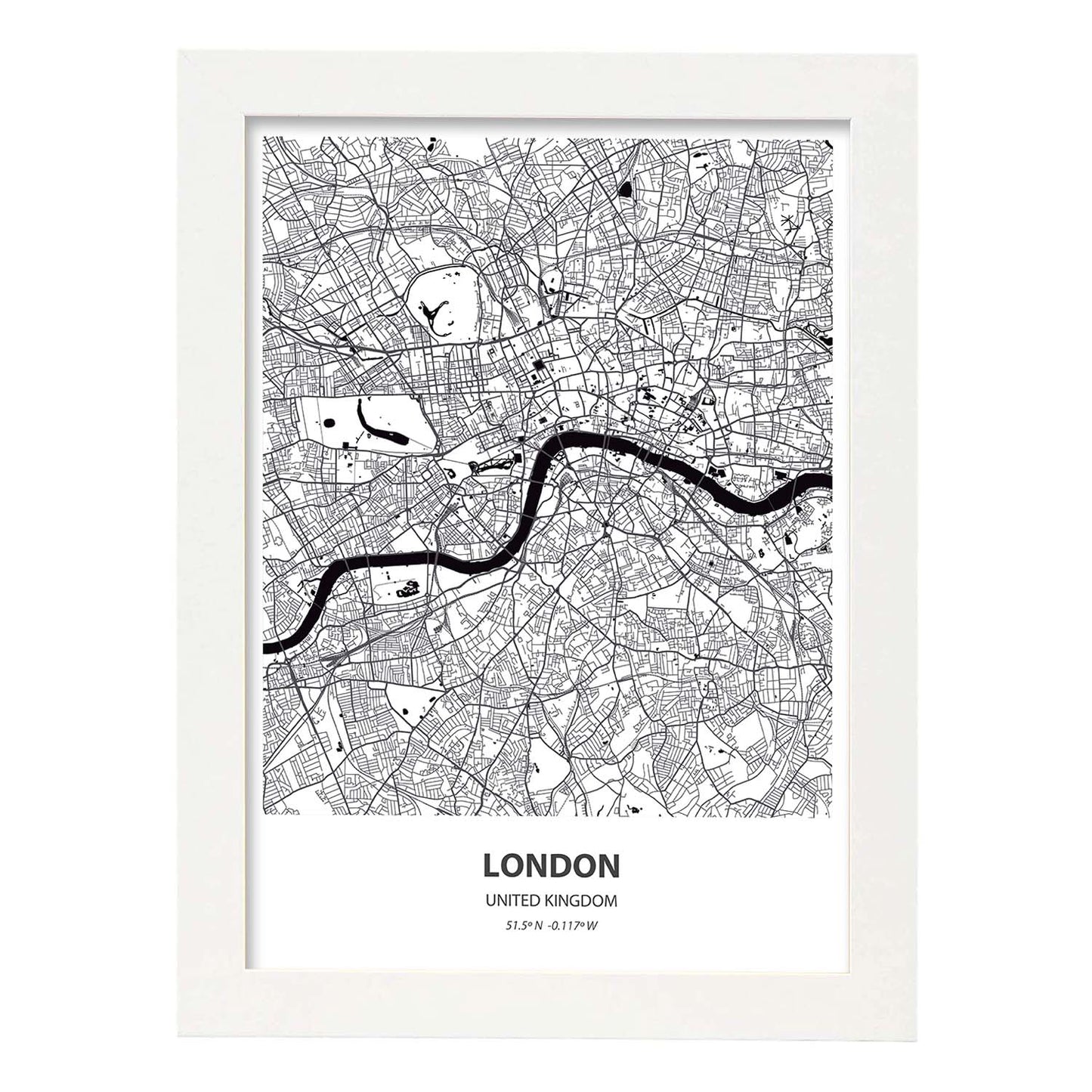 Poster con mapa de London - Reino Unido. Láminas de ciudades de Reino Unido con mares y ríos en color negro.-Artwork-Nacnic-A3-Marco Blanco-Nacnic Estudio SL