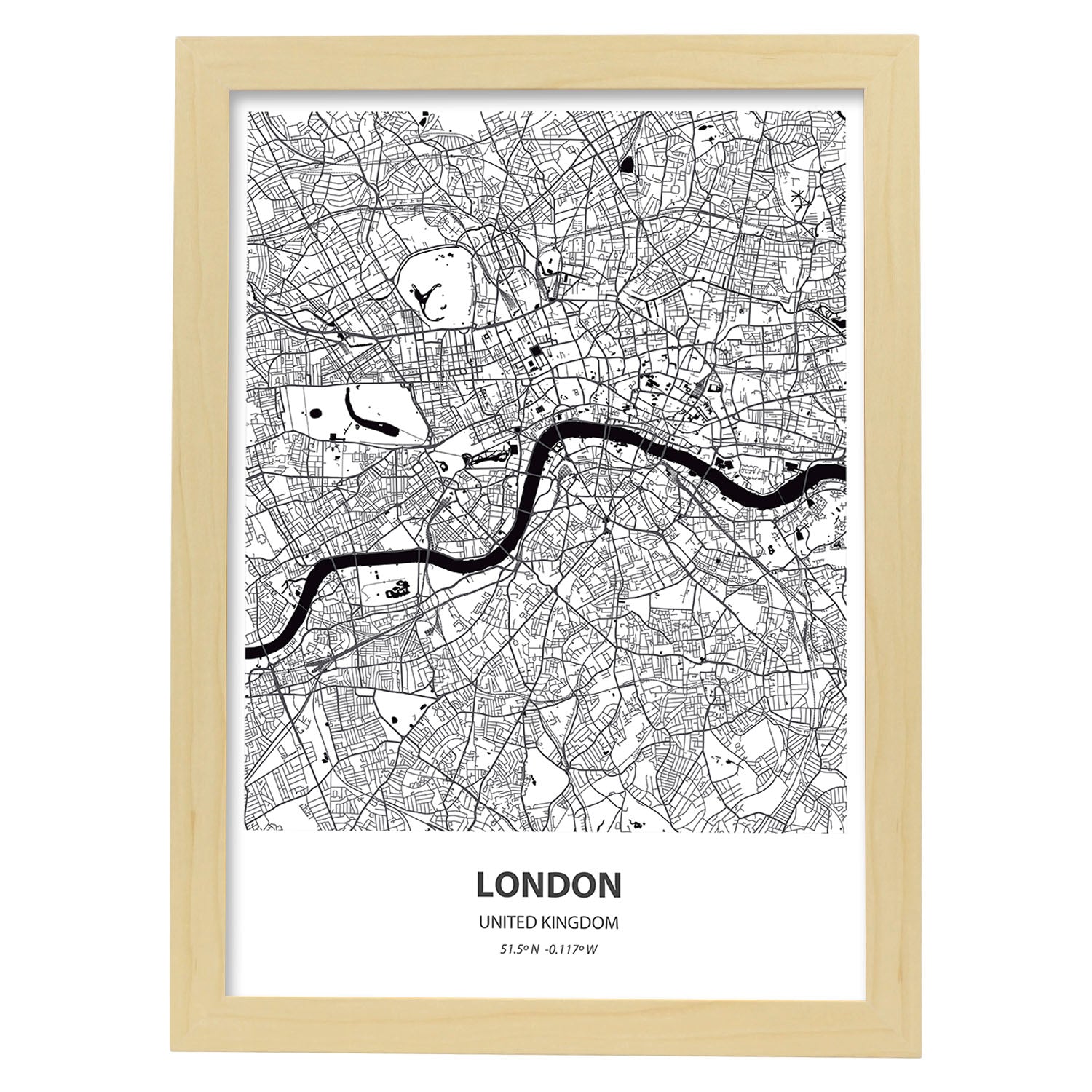 Poster con mapa de London - Reino Unido. Láminas de ciudades de Reino Unido con mares y ríos en color negro.-Artwork-Nacnic-A3-Marco Madera clara-Nacnic Estudio SL