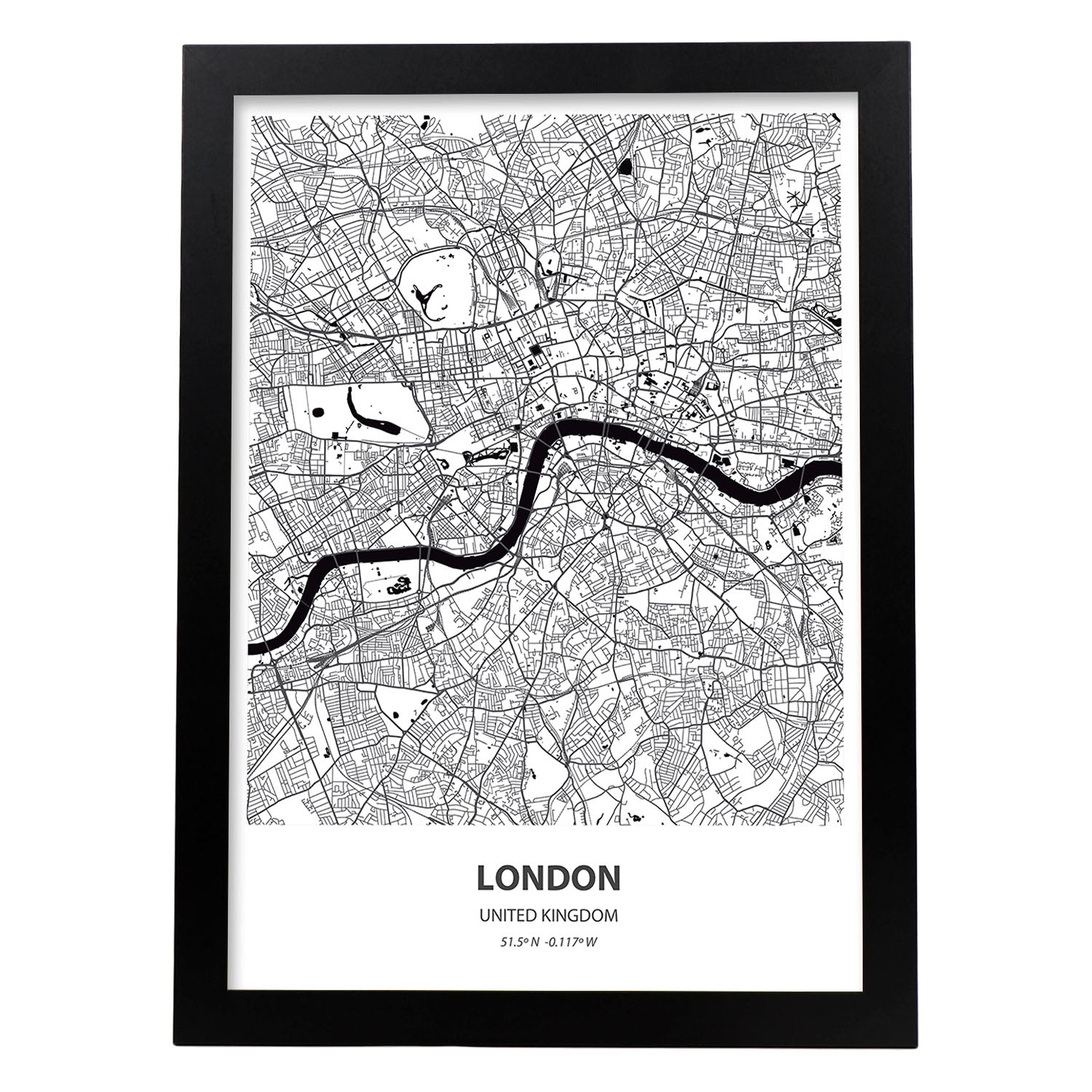 Poster con mapa de London - Reino Unido. Láminas de ciudades de Reino Unido con mares y ríos en color negro.-Artwork-Nacnic-A3-Marco Negro-Nacnic Estudio SL