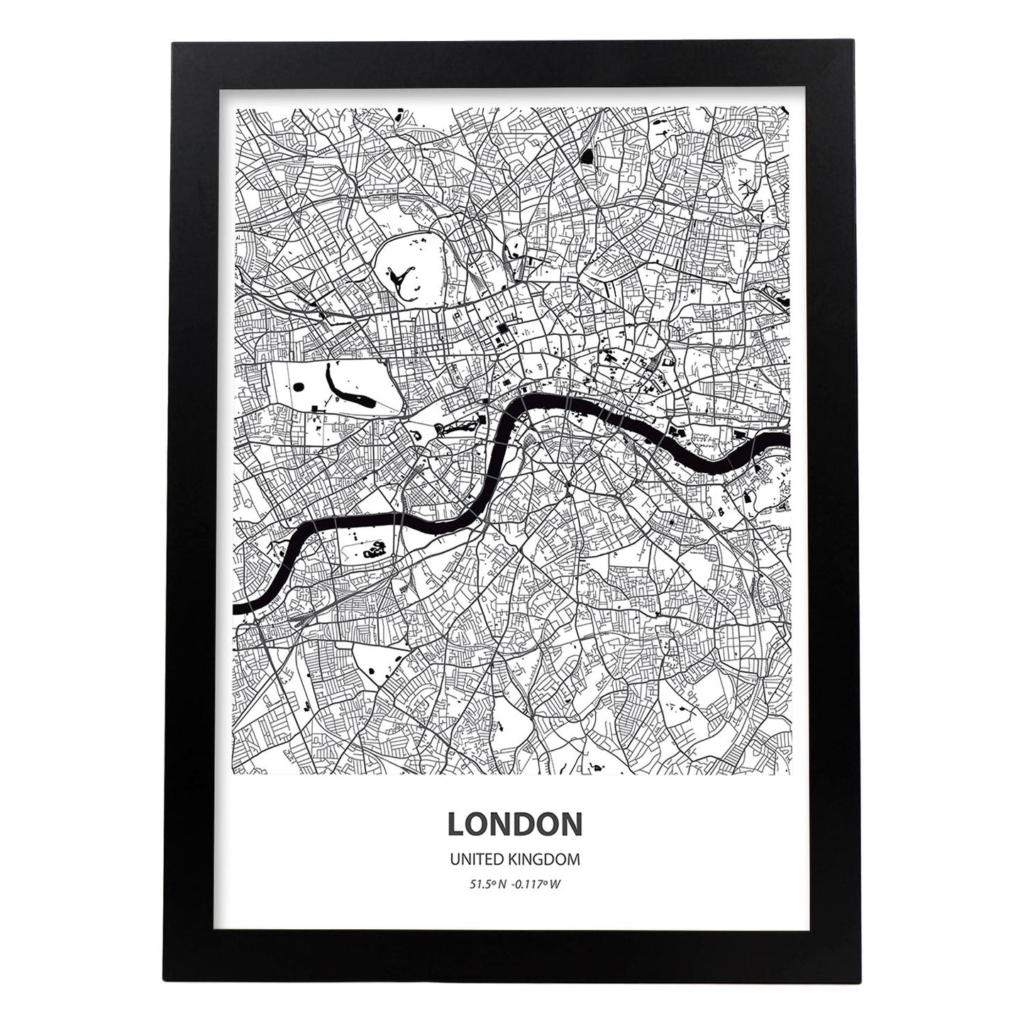 Poster con mapa de London - Reino Unido. Láminas de ciudades de Reino Unido con mares y ríos en color negro.-Artwork-Nacnic-A4-Marco Negro-Nacnic Estudio SL