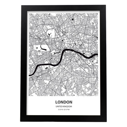 Poster con mapa de London - Reino Unido. Láminas de ciudades de Reino Unido con mares y ríos en color negro.-Artwork-Nacnic-A4-Marco Negro-Nacnic Estudio SL
