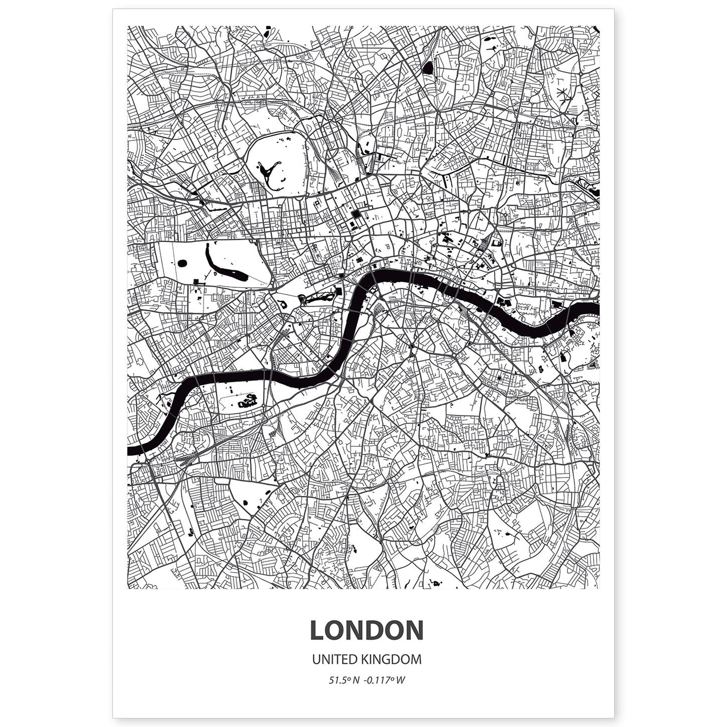 Poster con mapa de London - Reino Unido. Láminas de ciudades de Reino Unido con mares y ríos en color negro.-Artwork-Nacnic-A4-Sin marco-Nacnic Estudio SL