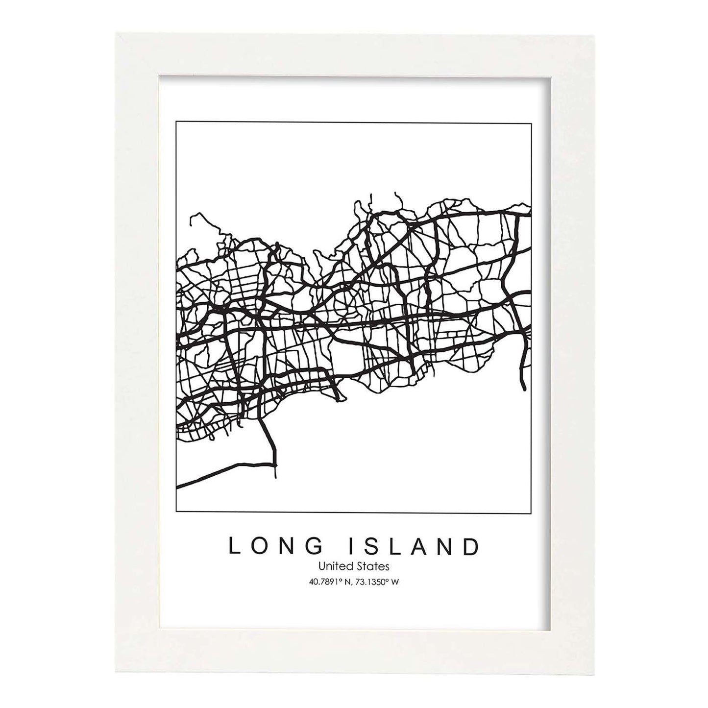Poster con mapa de Long Island. Lámina de Estados Unidos, con imágenes de mapas y carreteras-Artwork-Nacnic-A3-Marco Blanco-Nacnic Estudio SL