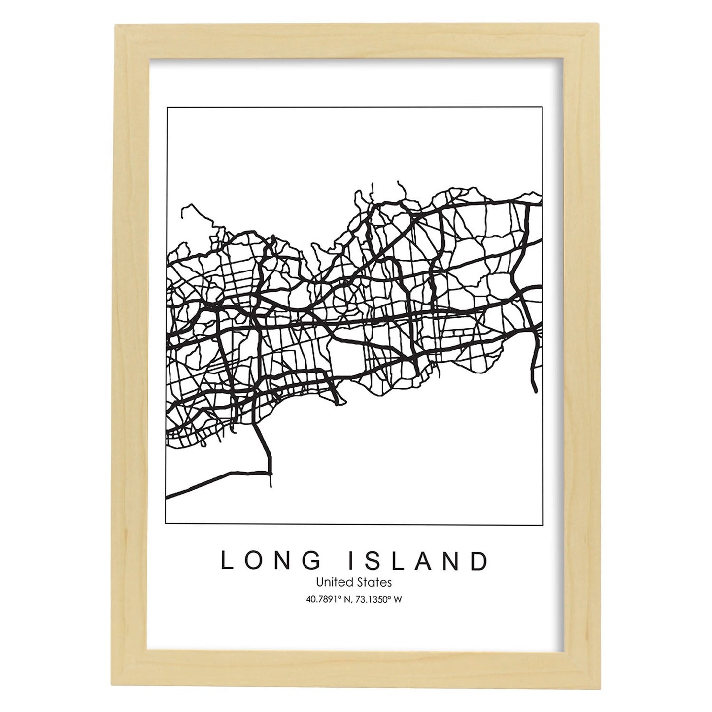 Poster con mapa de Long Island. Lámina de Estados Unidos, con imágenes de mapas y carreteras-Artwork-Nacnic-A3-Marco Madera clara-Nacnic Estudio SL