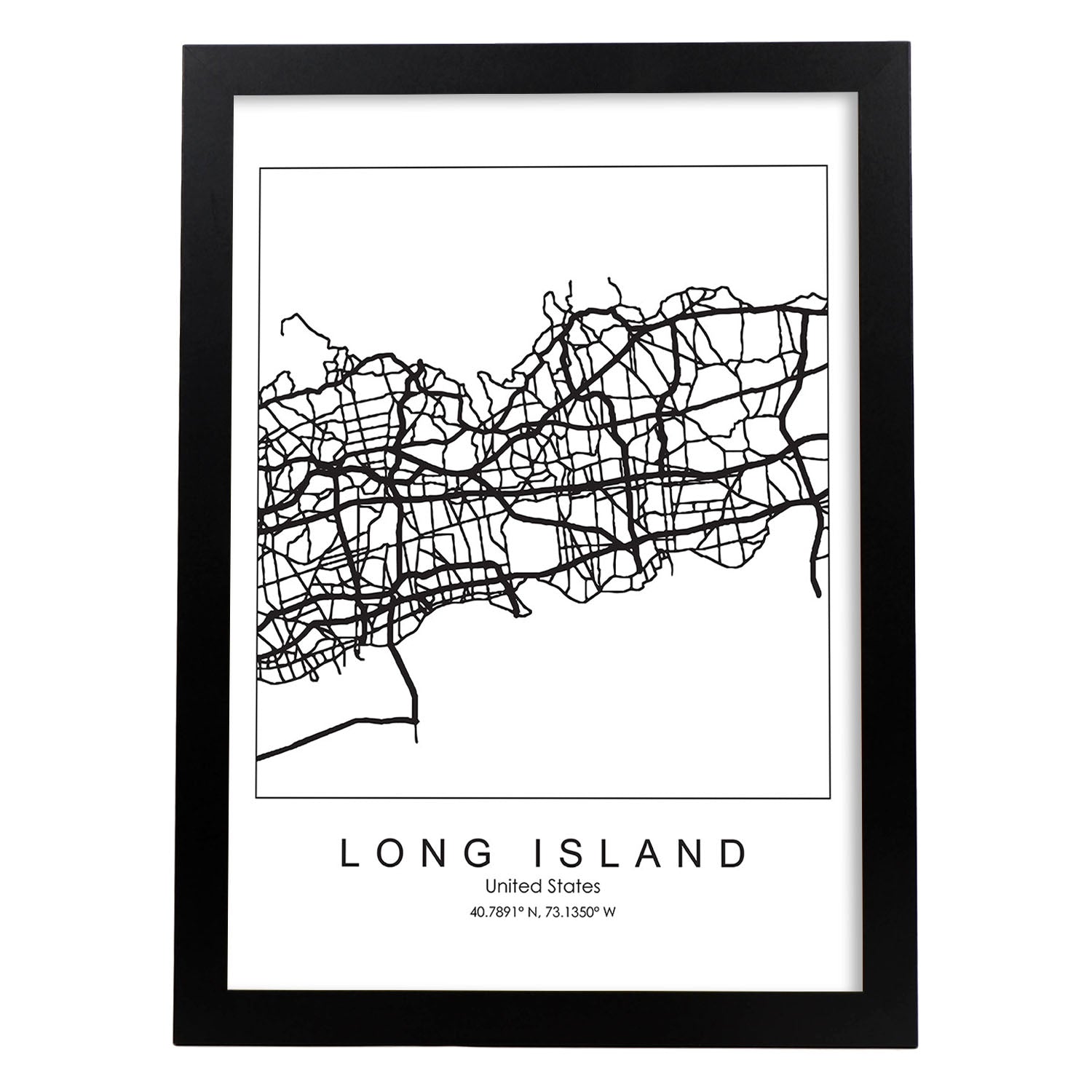Poster con mapa de Long Island. Lámina de Estados Unidos, con imágenes de mapas y carreteras-Artwork-Nacnic-A3-Marco Negro-Nacnic Estudio SL