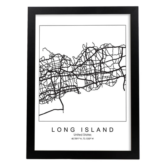 Poster con mapa de Long Island. Lámina de Estados Unidos, con imágenes de mapas y carreteras-Artwork-Nacnic-A4-Marco Negro-Nacnic Estudio SL
