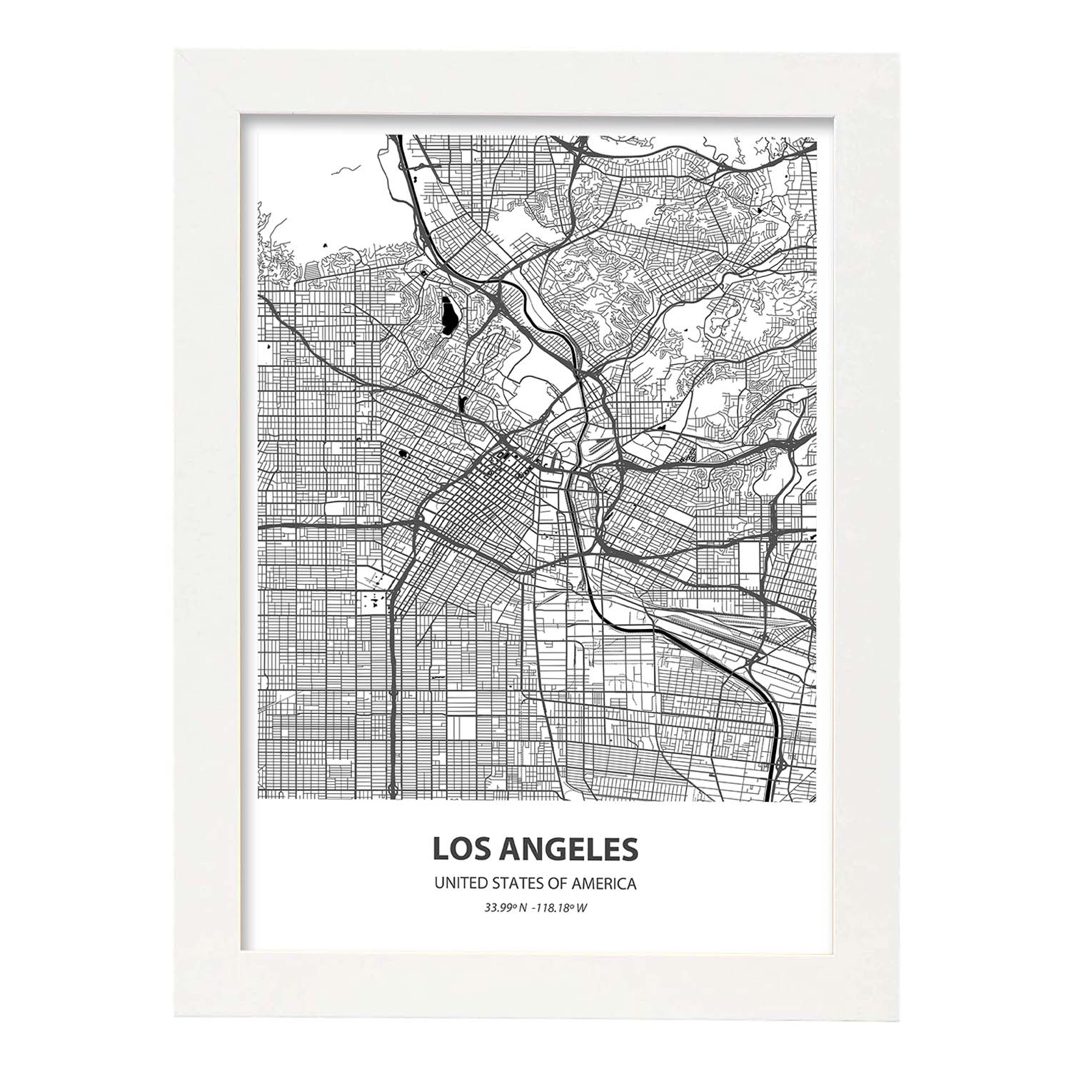 Poster con mapa de Los Angeles - USA. Láminas de ciudades de Estados Unidos con mares y ríos en color negro.-Artwork-Nacnic-A3-Marco Blanco-Nacnic Estudio SL