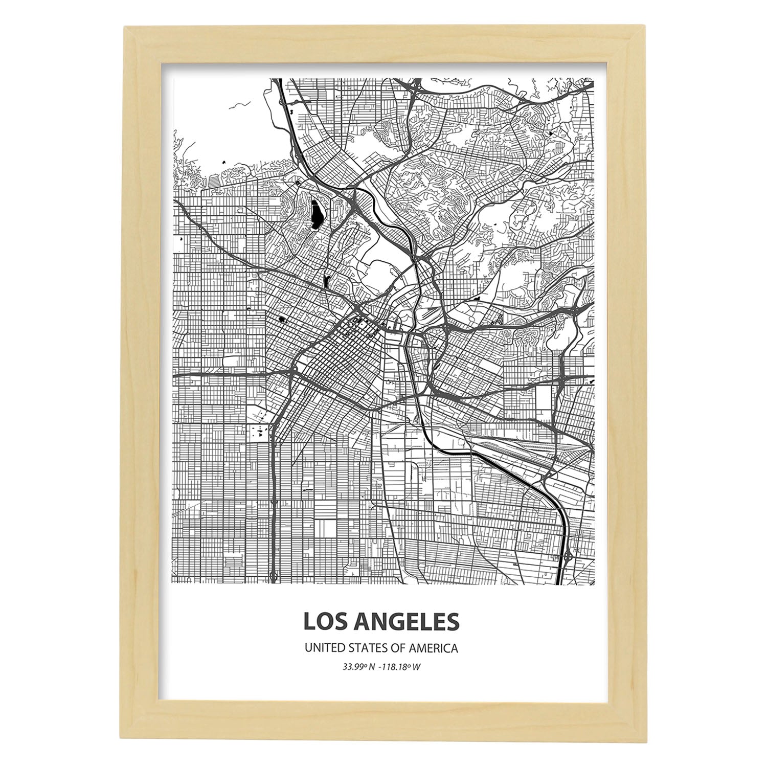 Poster con mapa de Los Angeles - USA. Láminas de ciudades de Estados Unidos con mares y ríos en color negro.-Artwork-Nacnic-A3-Marco Madera clara-Nacnic Estudio SL