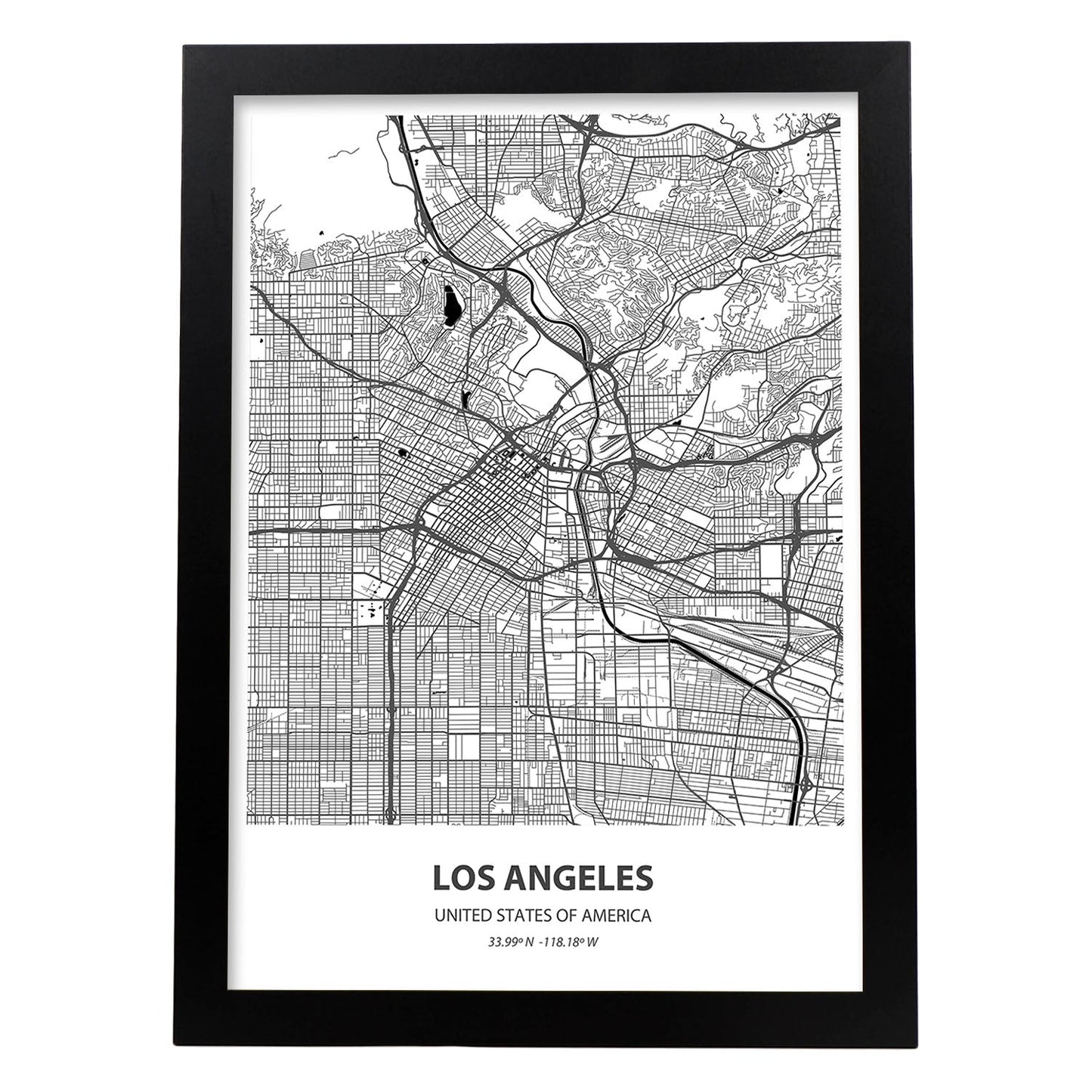 Poster con mapa de Los Angeles - USA. Láminas de ciudades de Estados Unidos con mares y ríos en color negro.-Artwork-Nacnic-A3-Marco Negro-Nacnic Estudio SL