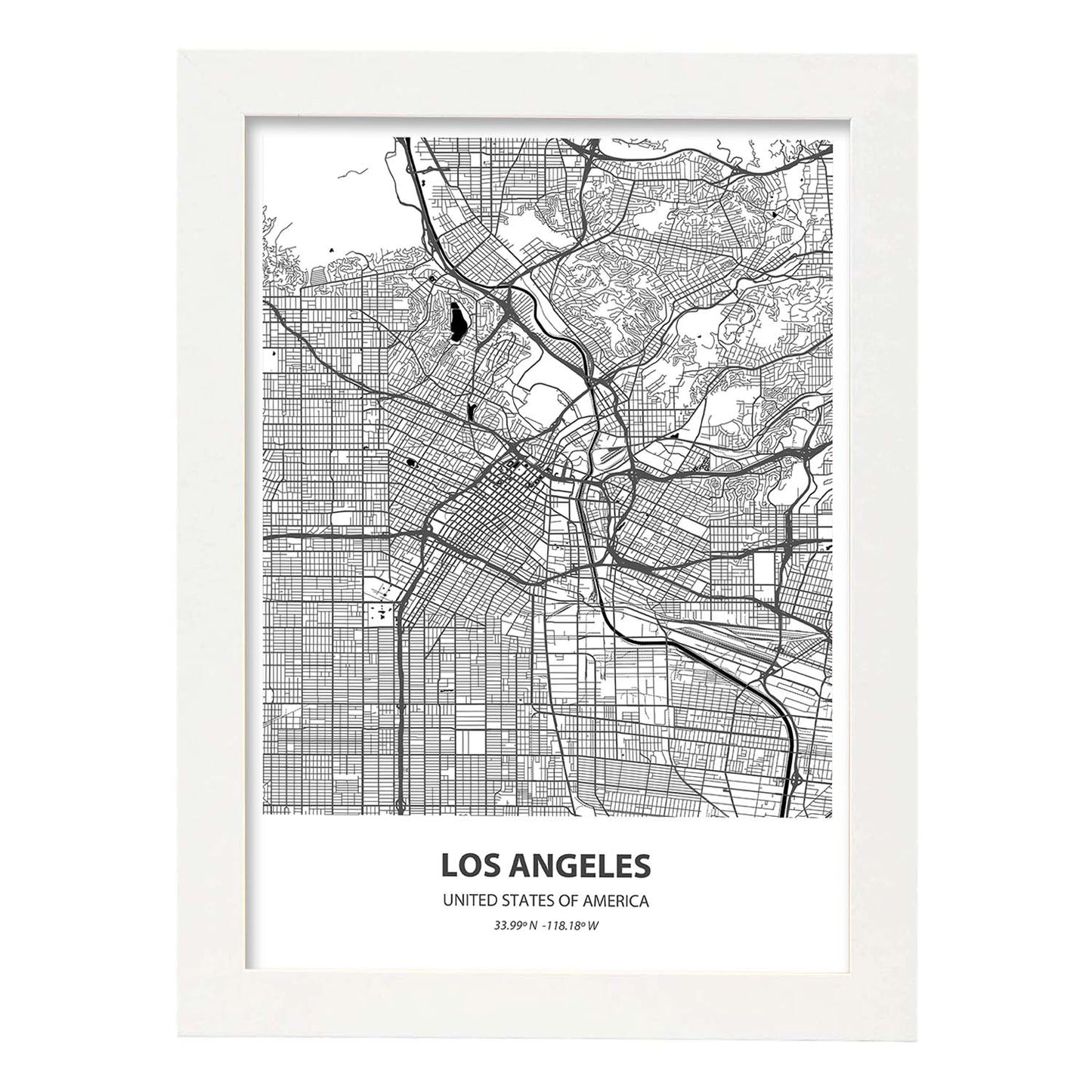 Poster con mapa de Los Angeles - USA. Láminas de ciudades de Estados Unidos con mares y ríos en color negro.-Artwork-Nacnic-A4-Marco Blanco-Nacnic Estudio SL