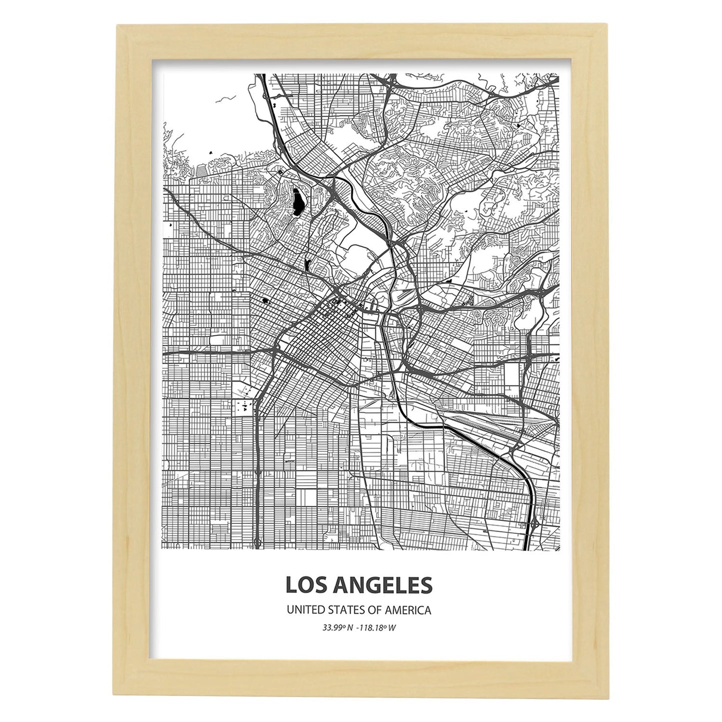 Poster con mapa de Los Angeles - USA. Láminas de ciudades de Estados Unidos con mares y ríos en color negro.-Artwork-Nacnic-A4-Marco Madera clara-Nacnic Estudio SL