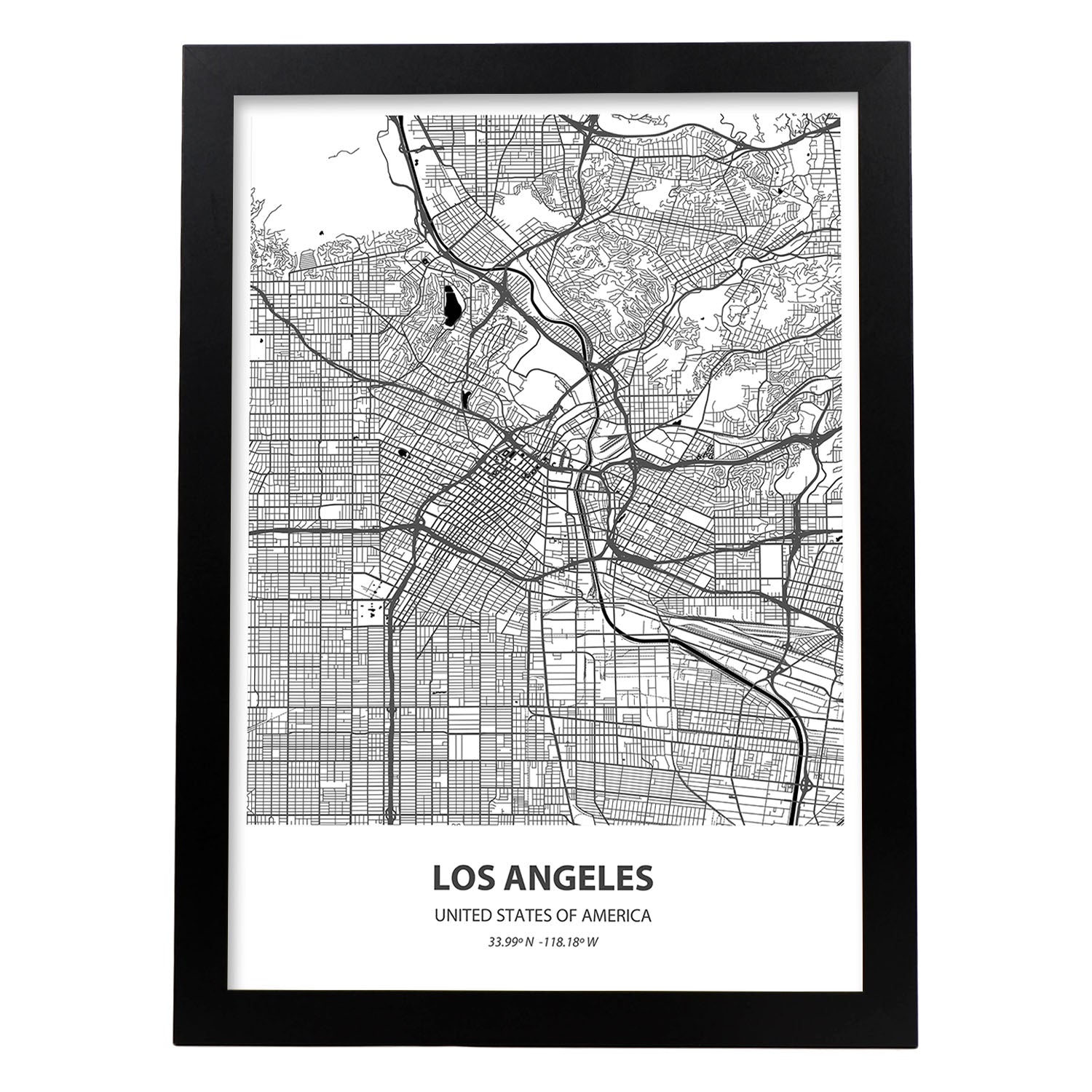 Poster con mapa de Los Angeles - USA. Láminas de ciudades de Estados Unidos con mares y ríos en color negro.-Artwork-Nacnic-A4-Marco Negro-Nacnic Estudio SL