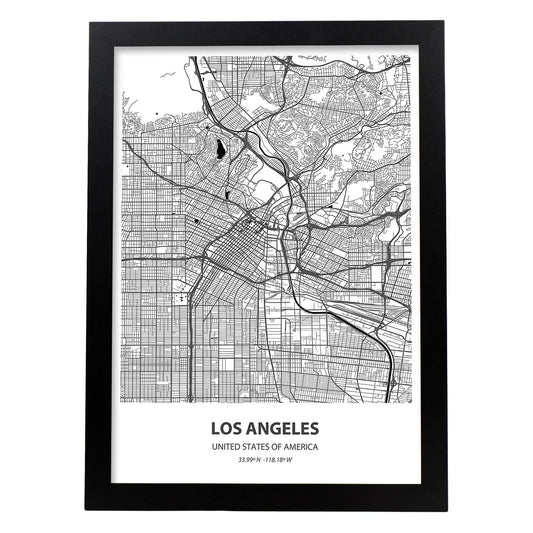 Poster con mapa de Los Angeles - USA. Láminas de ciudades de Estados Unidos con mares y ríos en color negro.-Artwork-Nacnic-A4-Marco Negro-Nacnic Estudio SL