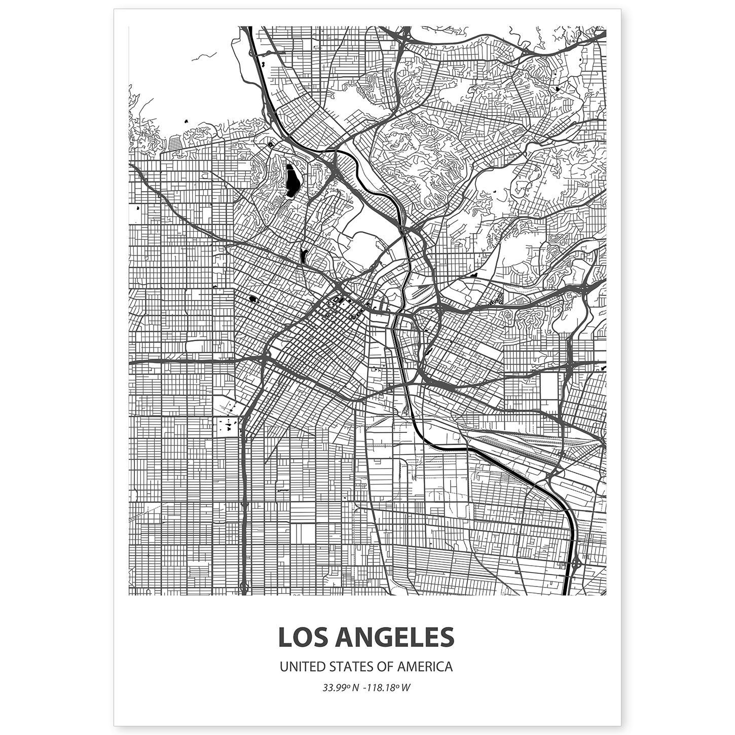 Poster con mapa de Los Angeles - USA. Láminas de ciudades de Estados Unidos con mares y ríos en color negro.-Artwork-Nacnic-A4-Sin marco-Nacnic Estudio SL