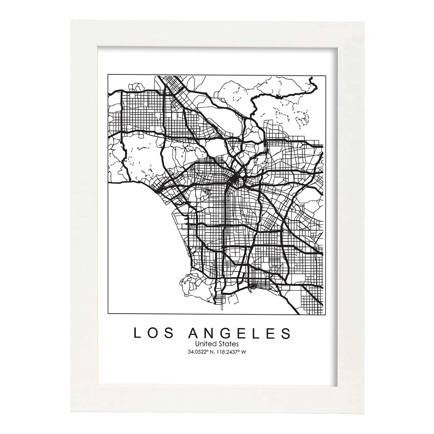 Poster con mapa de Los Angeles. Lámina de Estados Unidos, con imágenes de mapas y carreteras-Artwork-Nacnic-A3-Marco Blanco-Nacnic Estudio SL
