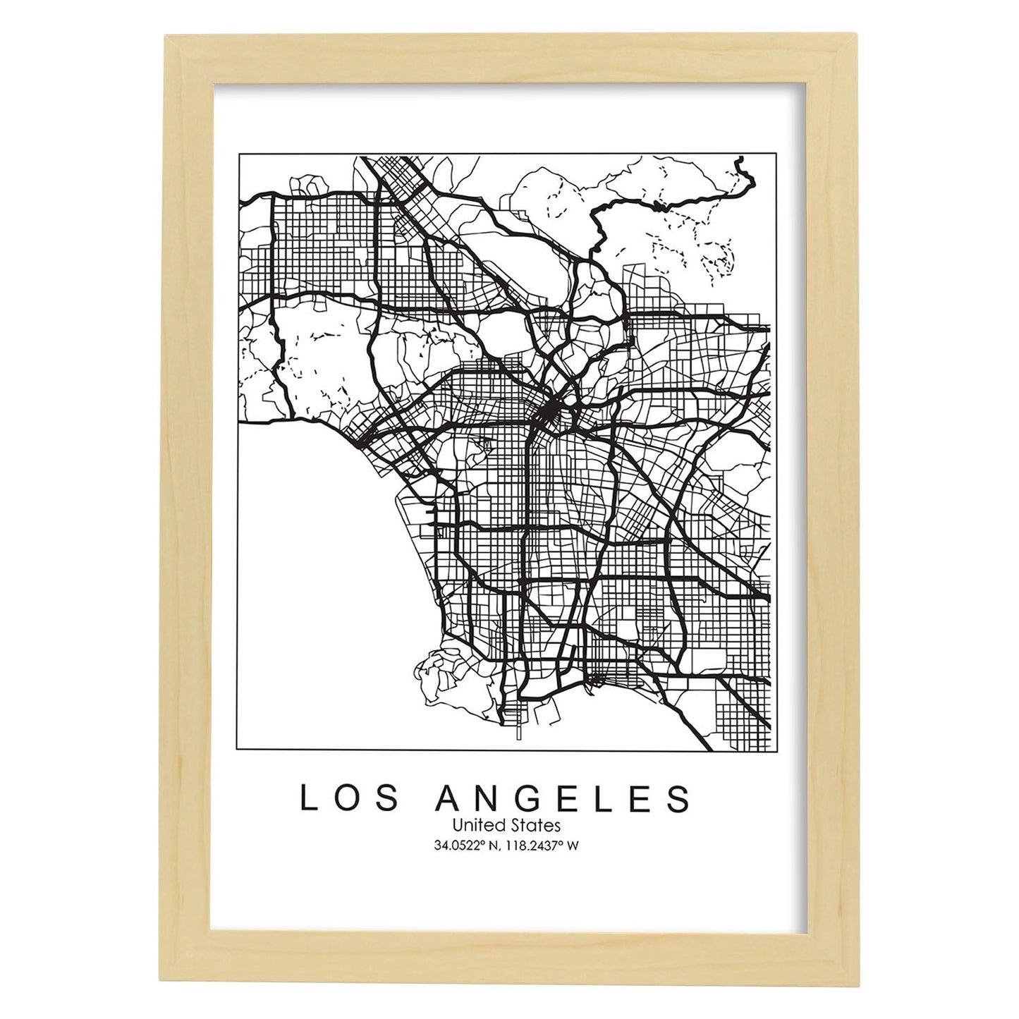 Poster con mapa de Los Angeles. Lámina de Estados Unidos, con imágenes de mapas y carreteras-Artwork-Nacnic-A3-Marco Madera clara-Nacnic Estudio SL
