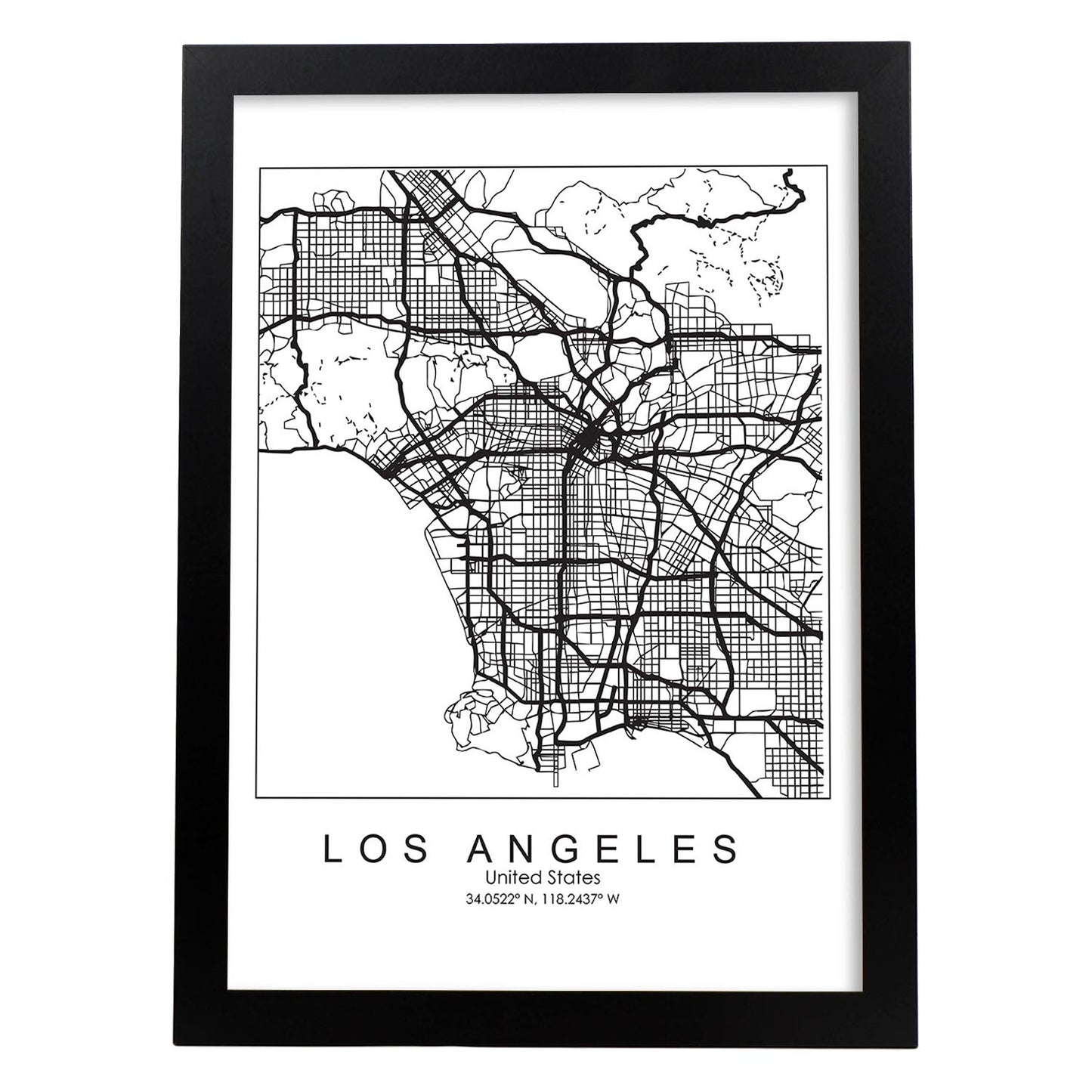 Poster con mapa de Los Angeles. Lámina de Estados Unidos, con imágenes de mapas y carreteras-Artwork-Nacnic-A3-Marco Negro-Nacnic Estudio SL