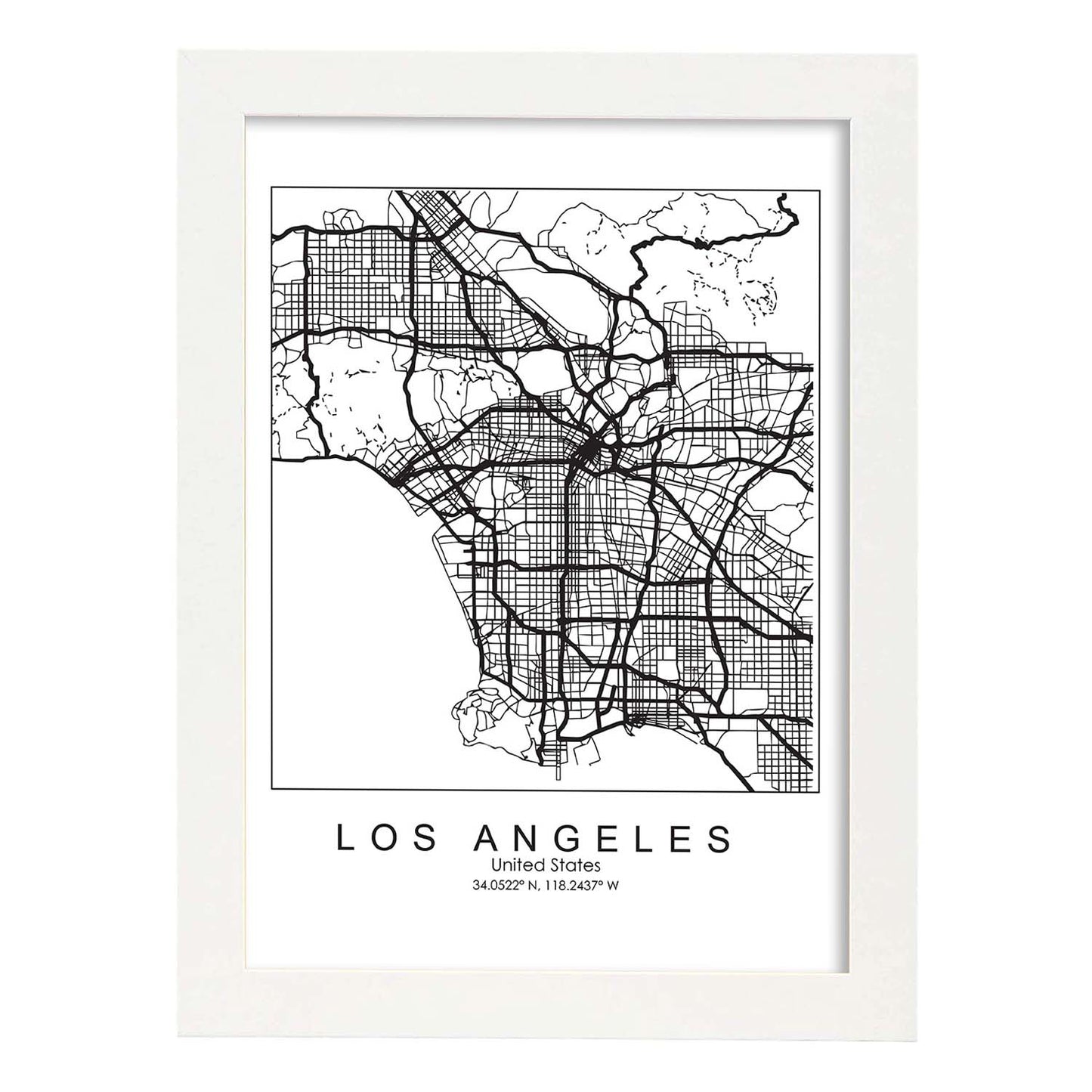 Poster con mapa de Los Angeles. Lámina de Estados Unidos, con imágenes de mapas y carreteras-Artwork-Nacnic-A4-Marco Blanco-Nacnic Estudio SL