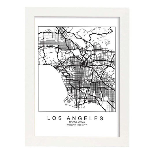 Poster con mapa de Los Angeles. Lámina de Estados Unidos, con imágenes de mapas y carreteras-Artwork-Nacnic-A4-Marco Blanco-Nacnic Estudio SL