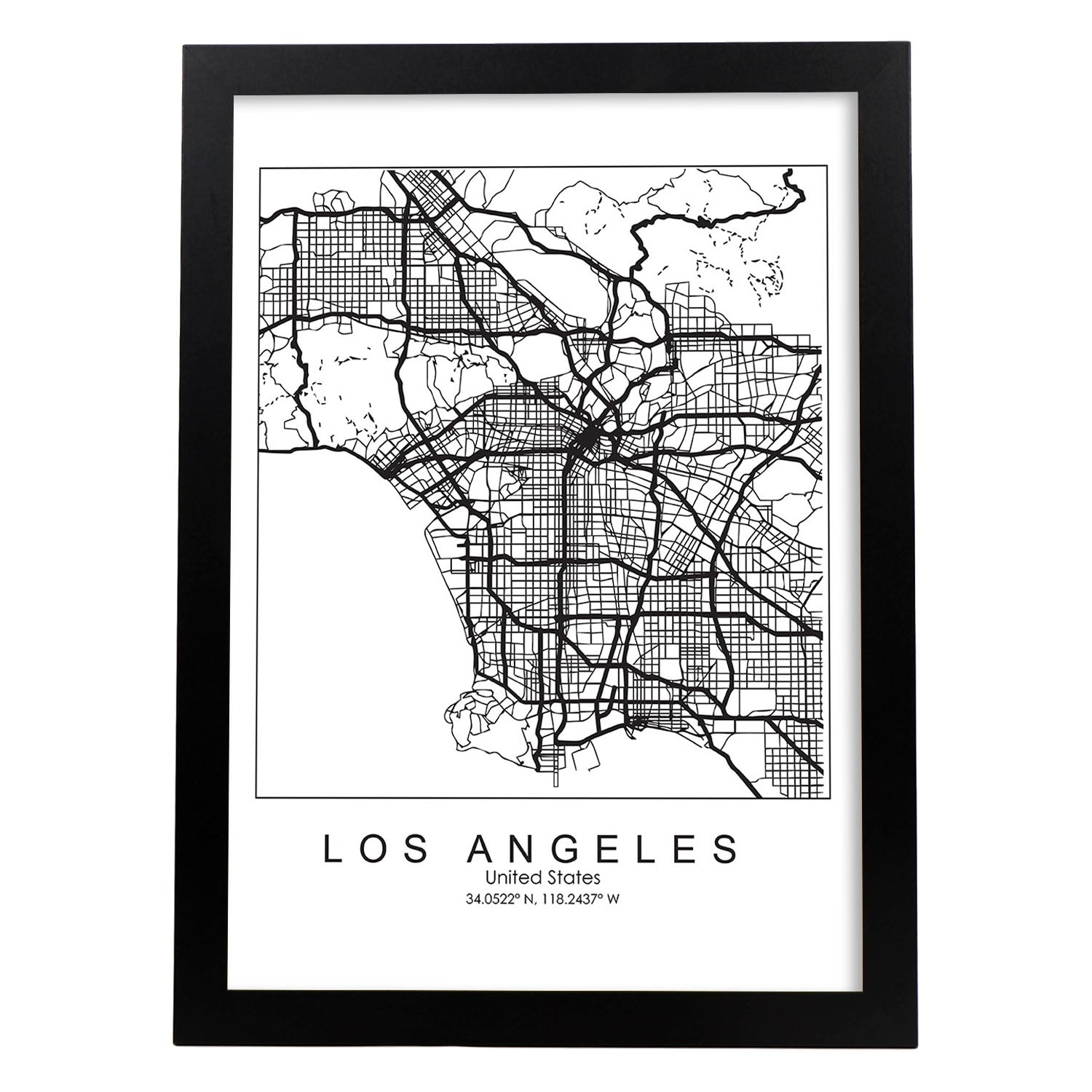 Poster con mapa de Los Angeles. Lámina de Estados Unidos, con imágenes de mapas y carreteras-Artwork-Nacnic-A4-Marco Negro-Nacnic Estudio SL