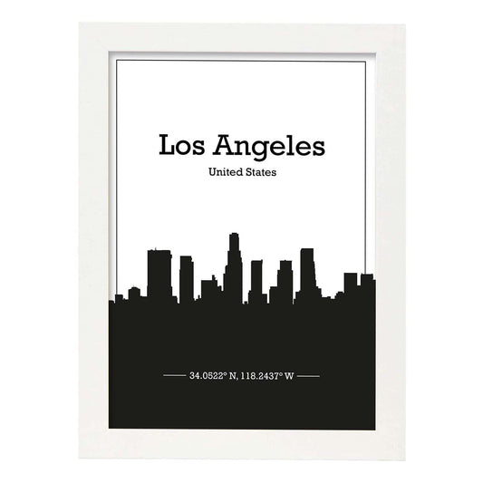 Poster con mapa de Losangeles - USA. Láminas con Skyline de ciudades de Estados Unidos, Canada, Mexico con sombra negra.-Artwork-Nacnic-A4-Marco Blanco-Nacnic Estudio SL