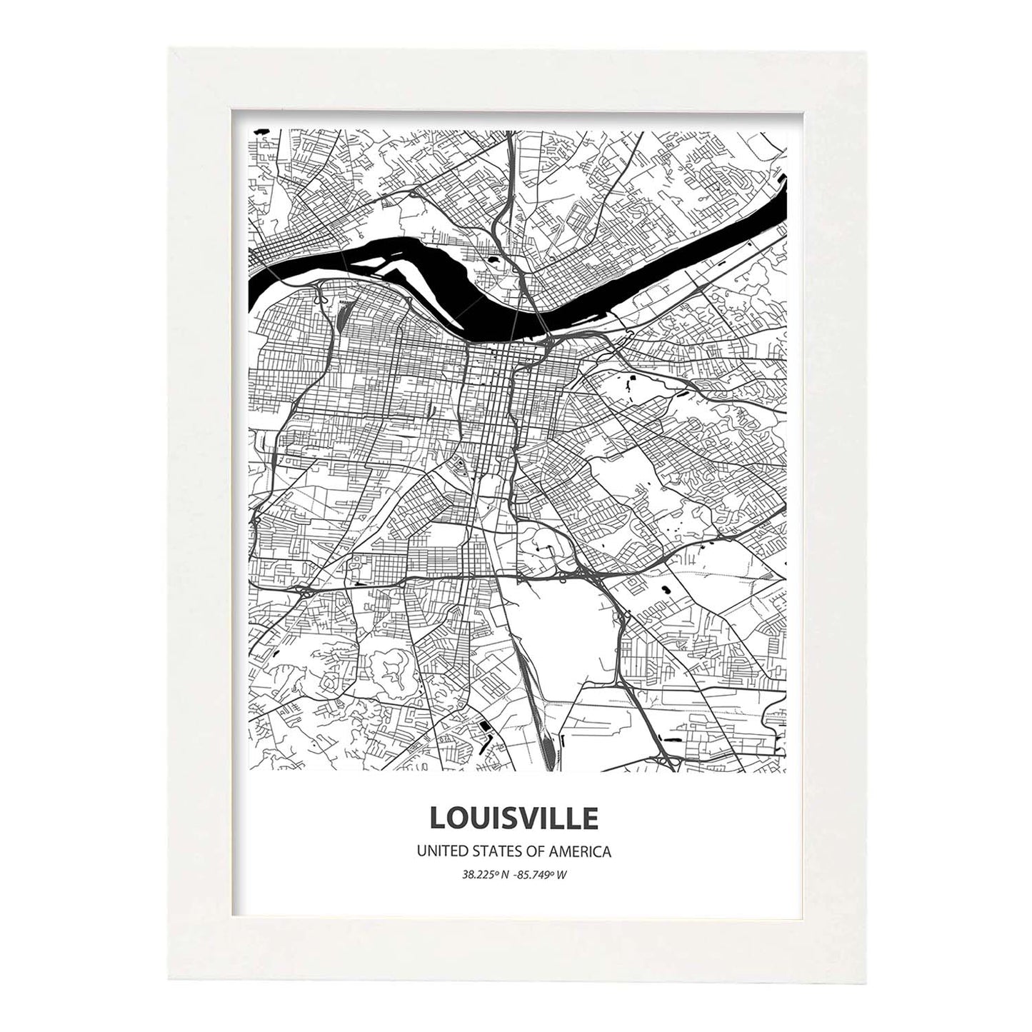 Poster con mapa de Louisville - USA. Láminas de ciudades de Estados Unidos con mares y ríos en color negro.-Artwork-Nacnic-A3-Marco Blanco-Nacnic Estudio SL