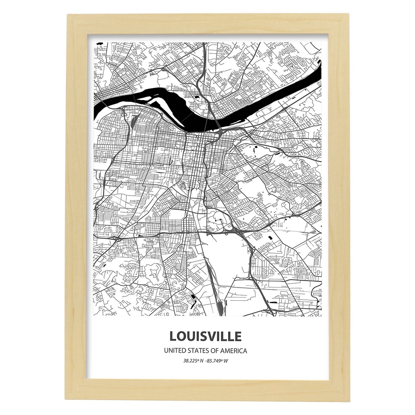 Poster con mapa de Louisville - USA. Láminas de ciudades de Estados Unidos con mares y ríos en color negro.-Artwork-Nacnic-A3-Marco Madera clara-Nacnic Estudio SL