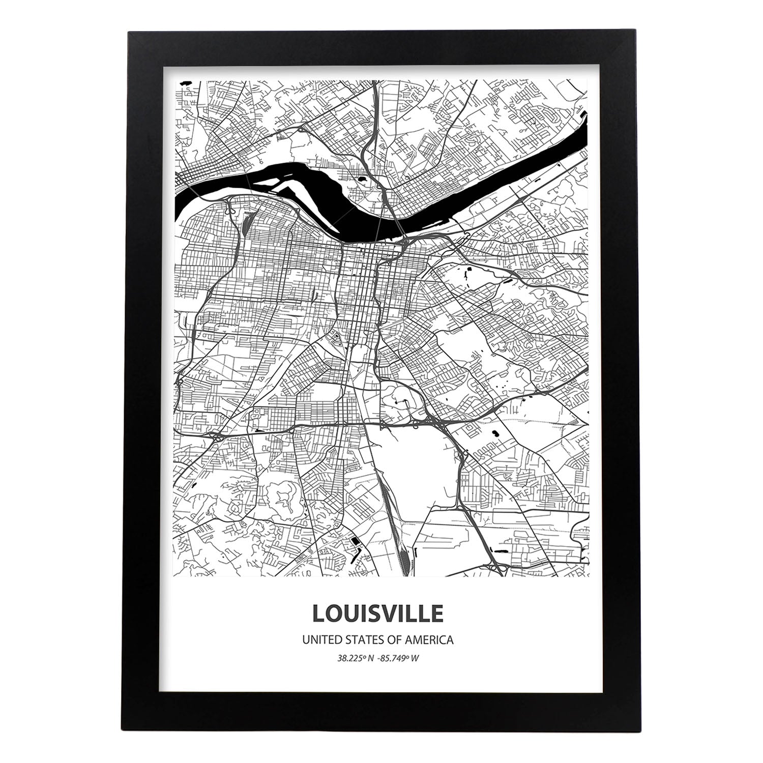 Poster con mapa de Louisville - USA. Láminas de ciudades de Estados Unidos con mares y ríos en color negro.-Artwork-Nacnic-A3-Marco Negro-Nacnic Estudio SL
