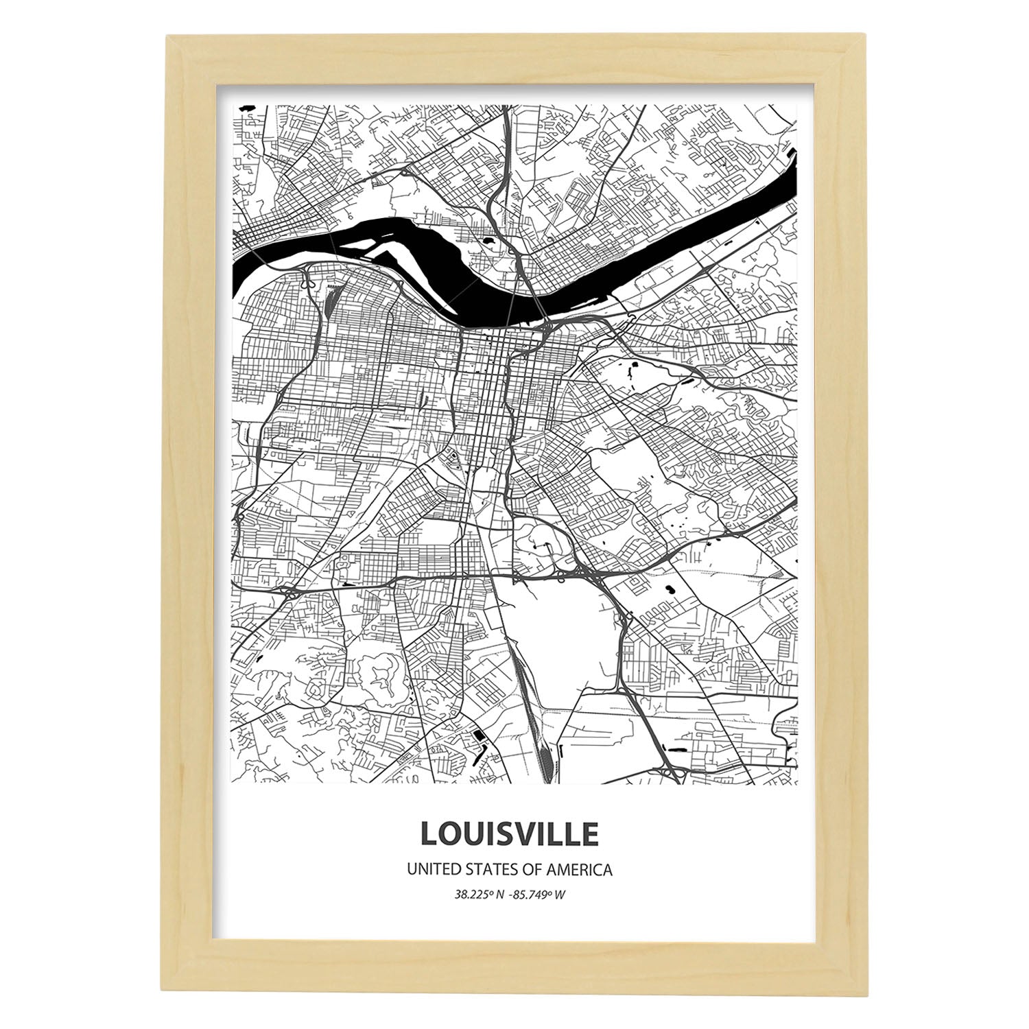 Poster con mapa de Louisville - USA. Láminas de ciudades de Estados Unidos con mares y ríos en color negro.-Artwork-Nacnic-A4-Marco Madera clara-Nacnic Estudio SL