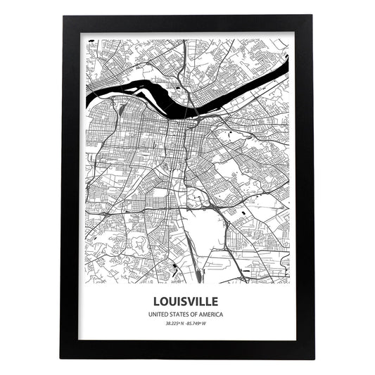 Poster con mapa de Louisville - USA. Láminas de ciudades de Estados Unidos con mares y ríos en color negro.-Artwork-Nacnic-A4-Marco Negro-Nacnic Estudio SL