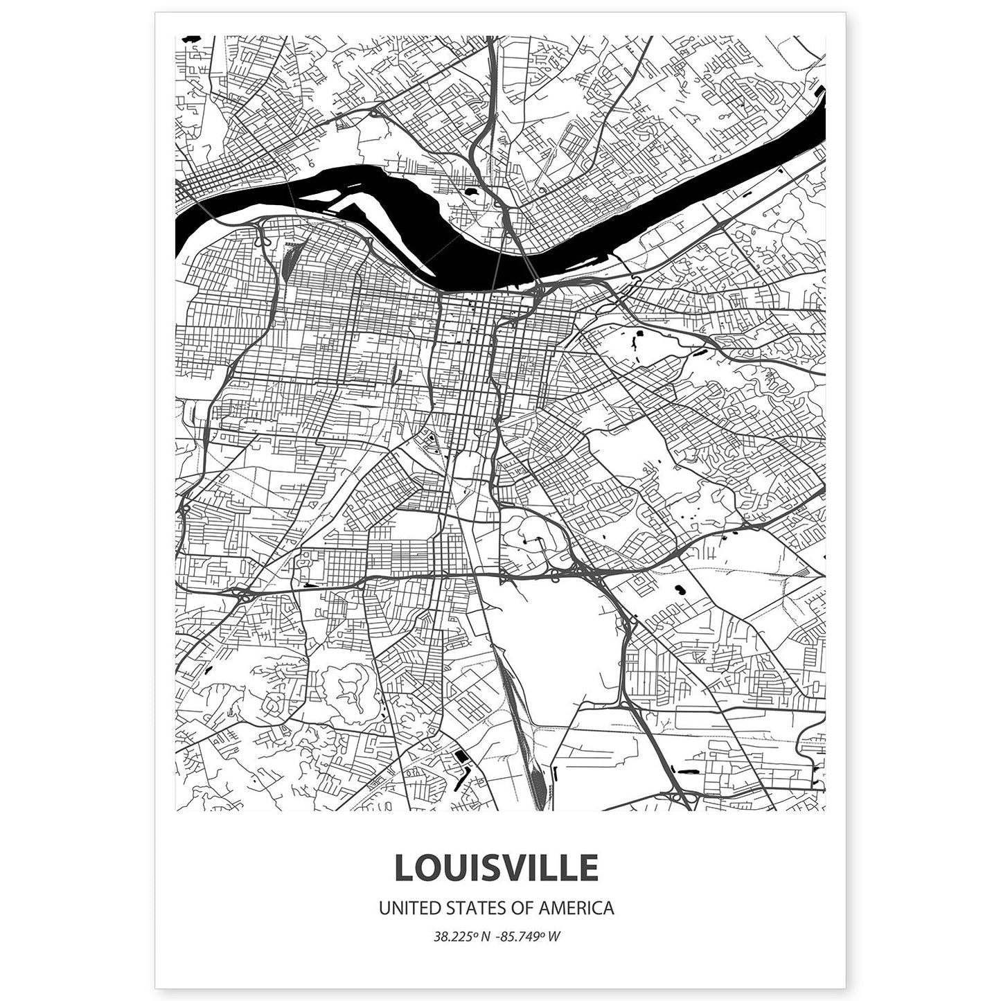 Poster con mapa de Louisville - USA. Láminas de ciudades de Estados Unidos con mares y ríos en color negro.-Artwork-Nacnic-A4-Sin marco-Nacnic Estudio SL